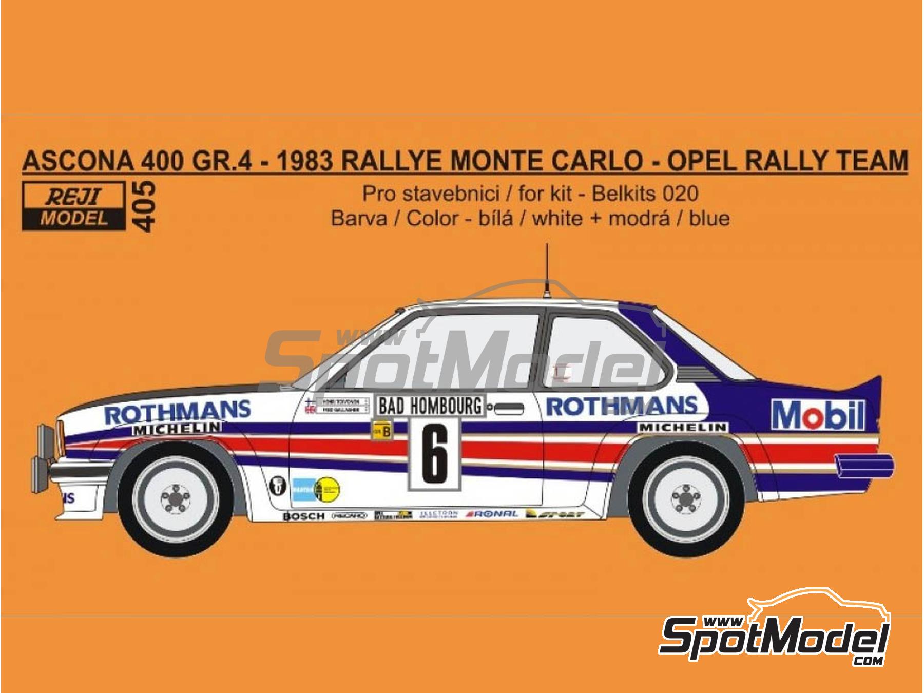 Image 1: Opel Ascona 400 Grupo 4 Equipo Opel Rally patrocinado por Rothmans - Rally de Monte Carlo - Rallye Automobile de Monte-Carlo 1983 | Decoraci&oacute;n en escala&nbsp;1/24 fabricado por Reji Model (ref.&nbsp;REJI-405, tambien 405)