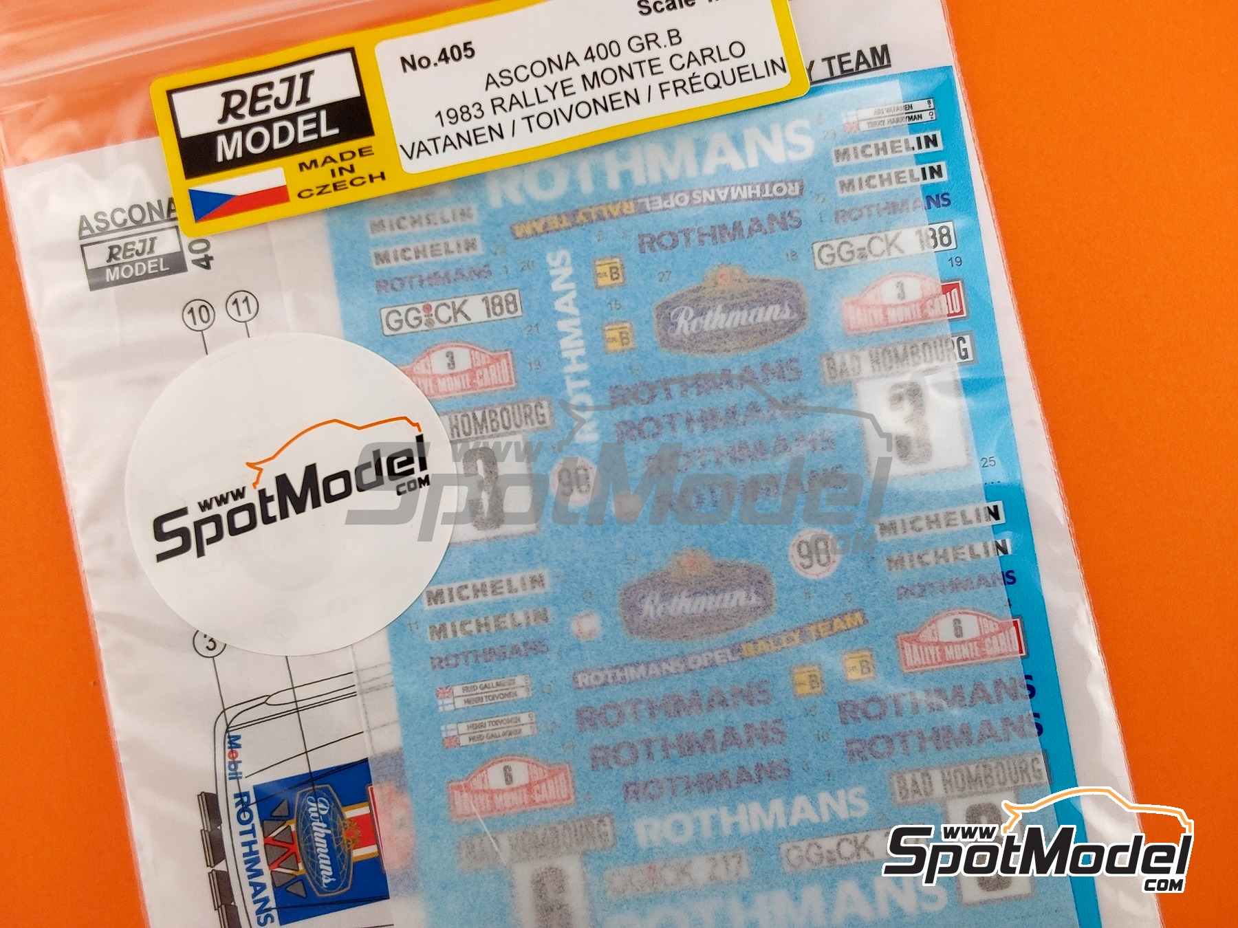 Image 8: Opel Ascona 400 Grupo 4 Equipo Opel Rally patrocinado por Rothmans - Rally de Monte Carlo - Rallye Automobile de Monte-Carlo 1983 | Decoraci&oacute;n en escala&nbsp;1/24 fabricado por Reji Model (ref.&nbsp;REJI-405, tambien 405)