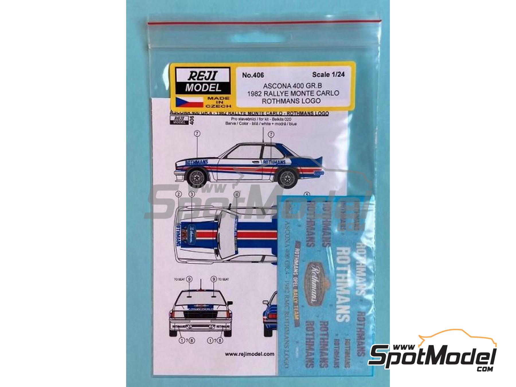 Image 3: Opel Ascona 400 Grupo 4 Equipo Opel Rally patrocinado por Rothmans - Rally de Monte Carlo - Rallye Automobile de Monte-Carlo 1982 | Logotipos en escala&nbsp;1/24 fabricado por Reji Model (ref.&nbsp;REJI-406, tambien 406)