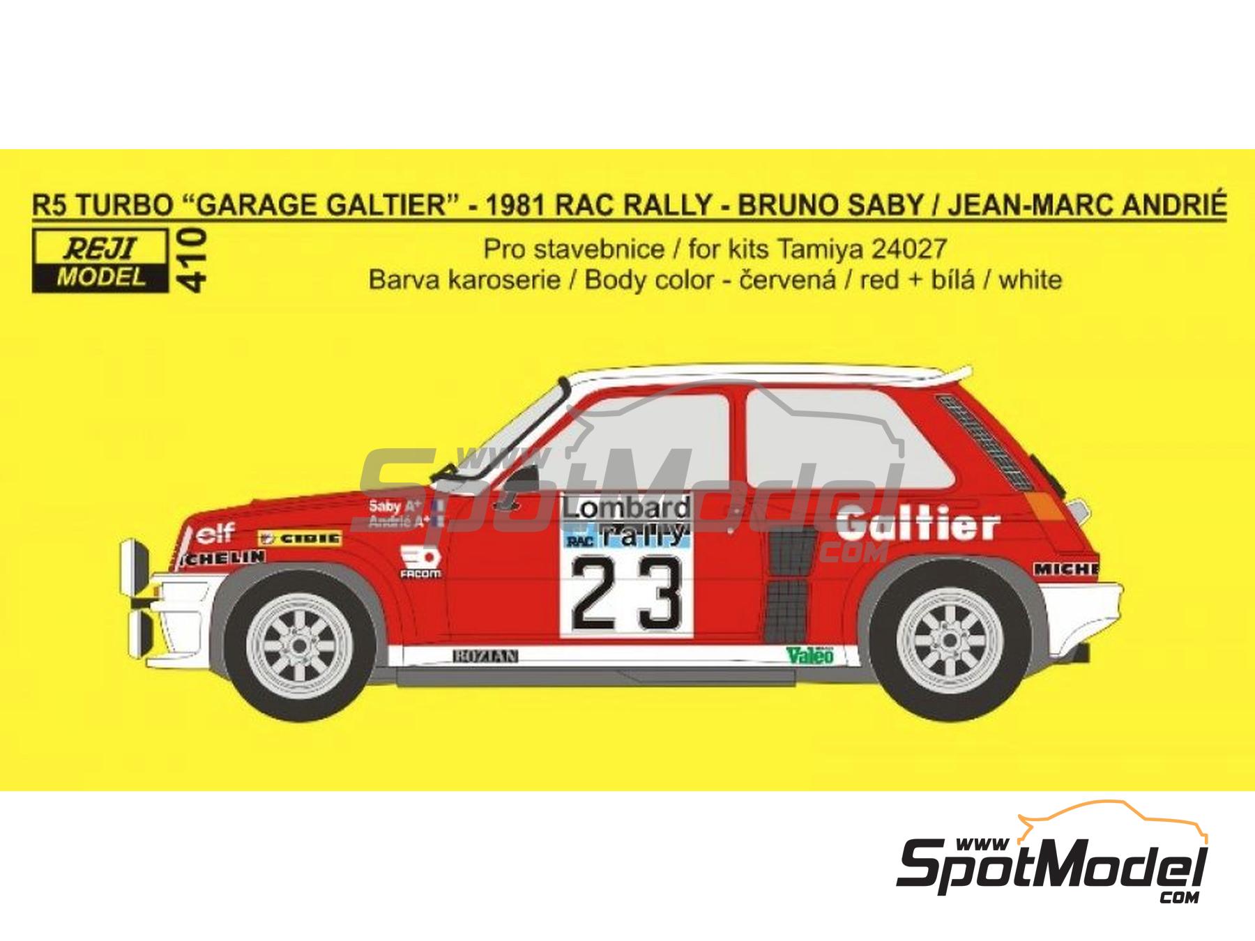Image 2: Renault 5 Turbo Bozian Team sponsored by Garage Galtier - Lombard RAC Rally 1981 | Marking / livery in 1/24 scale manufactured by Reji Model (ref.&nbsp;REJI-410, also 410 and 0410)