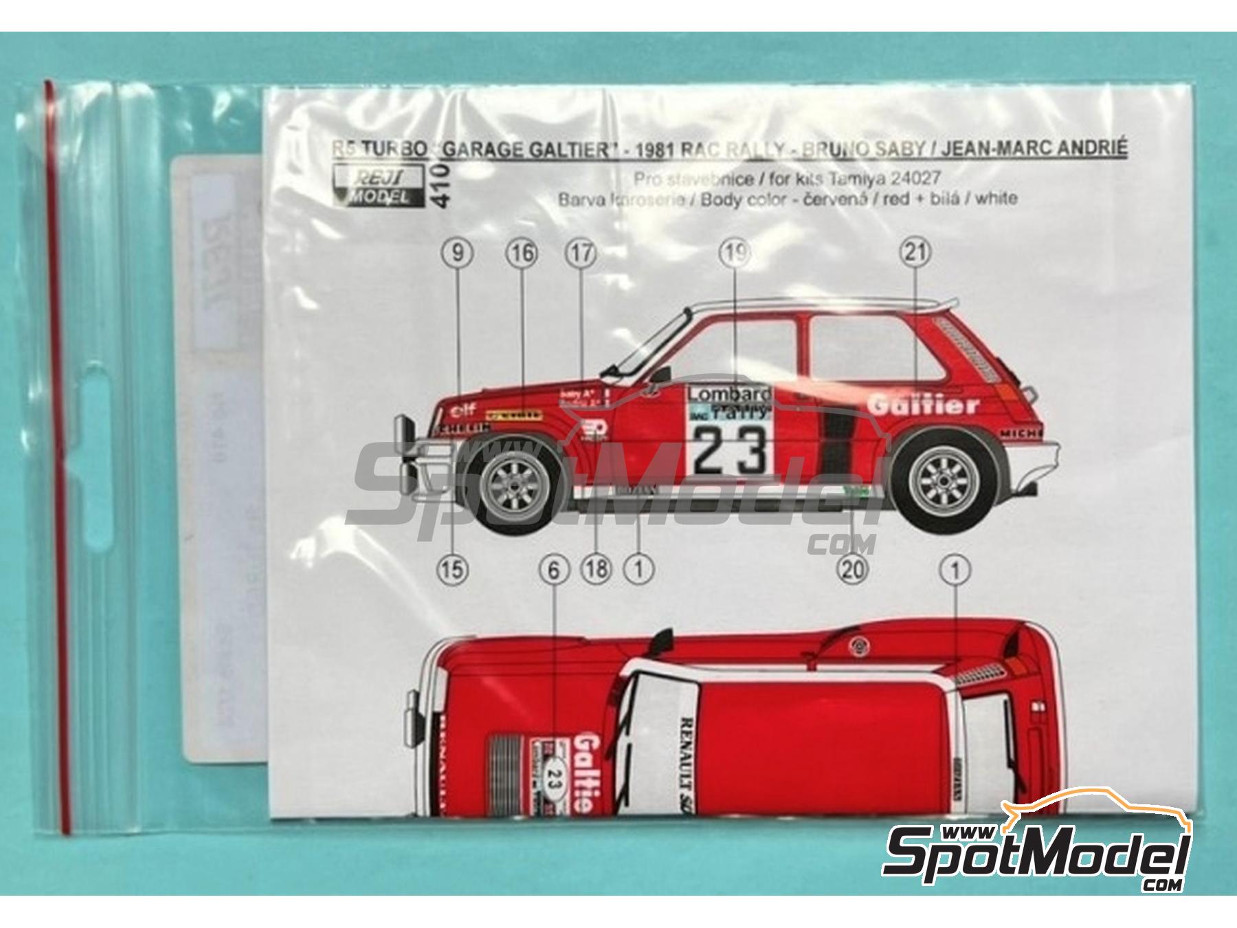 Image 5: Renault 5 Turbo Bozian Team sponsored by Garage Galtier - Lombard RAC Rally 1981 | Marking / livery in 1/24 scale manufactured by Reji Model (ref.&nbsp;REJI-410, also 410 and 0410)