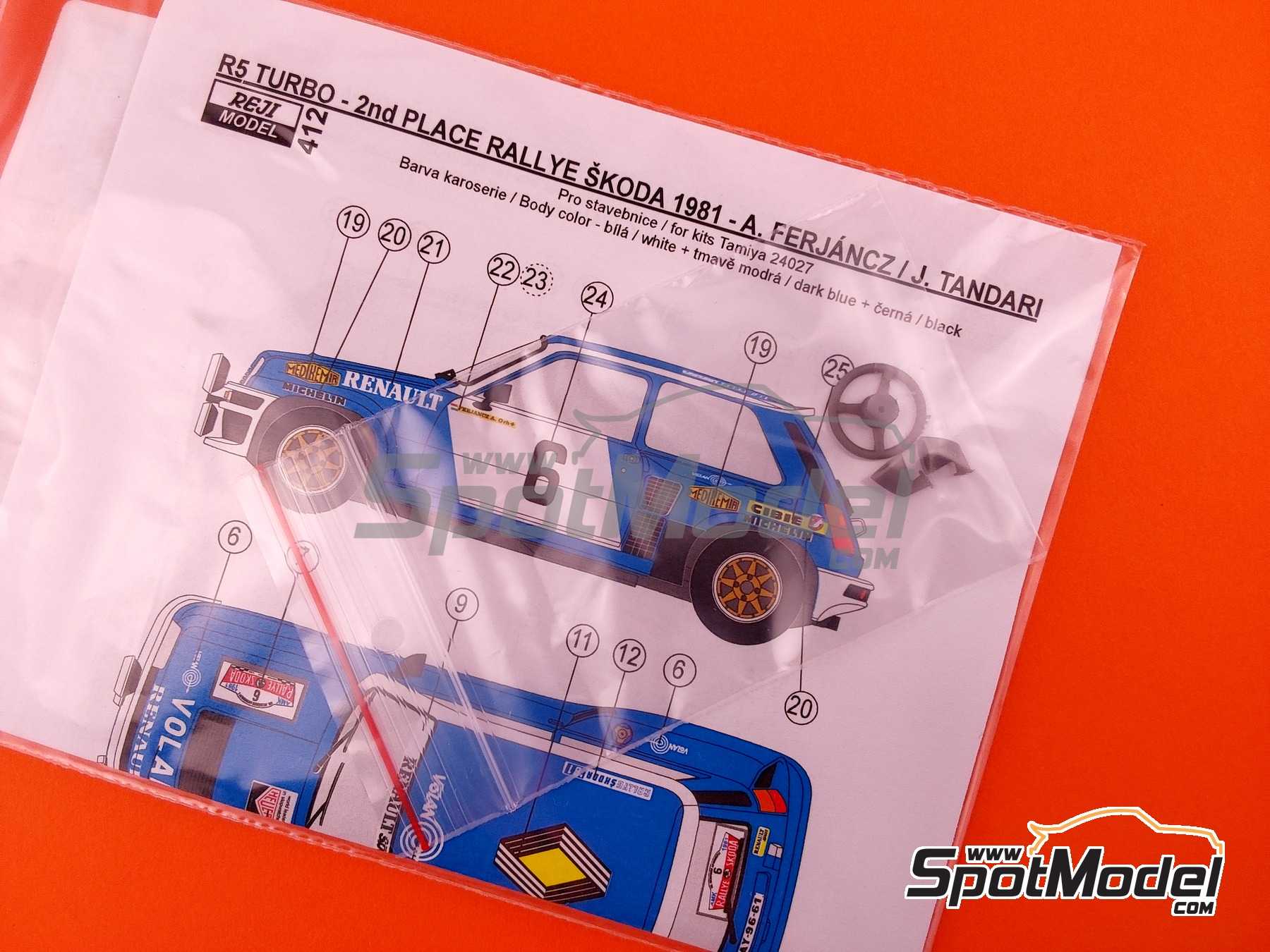 Image 7: Renault 5 Turbo sponsored by Medikemia, Volan - Skoda Rally 1981 and 1982 | Marking / livery in 1/24 scale manufactured by Reji Model (ref.&nbsp;REJI-412, also 412)