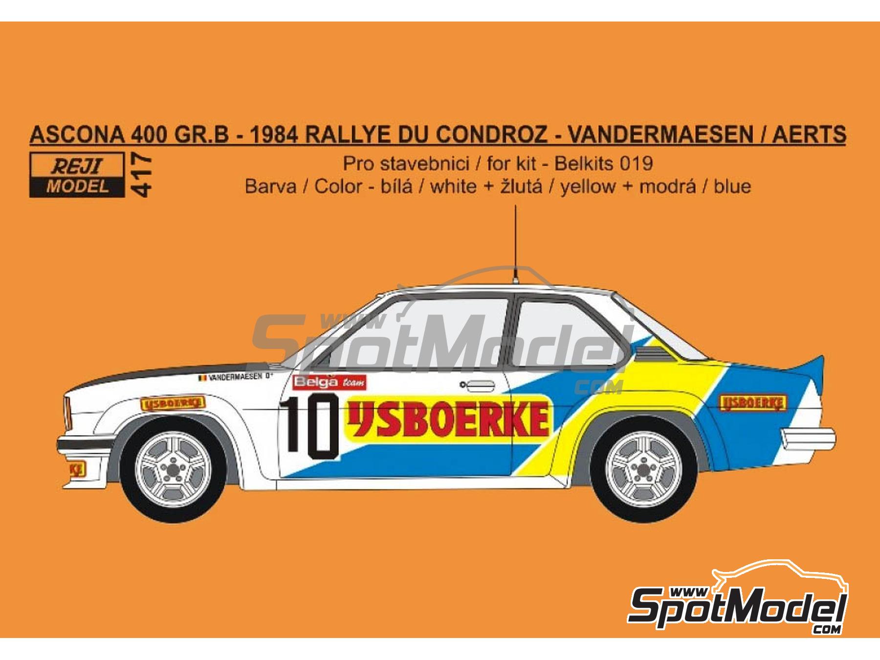 Image 1: Opel Ascona 400 Group 4 sponsored by Ijsboerke - Condroz Rally - Rallye du Condroz 1984 | Marking / livery in 1/24 scale manufactured by Reji Model (ref.&nbsp;REJI-417, also 417)