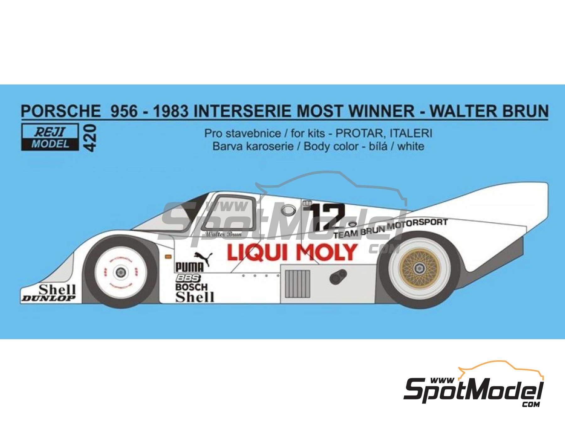 Image 1: Porsche 956 Equipo Brun Motorsport patrocinado por Liqui Moly - Interserie Most 1983 | Decoraci&oacute;n en escala&nbsp;1/24 fabricado por Reji Model (ref.&nbsp;REJI-420, tambien 420 y 0420)