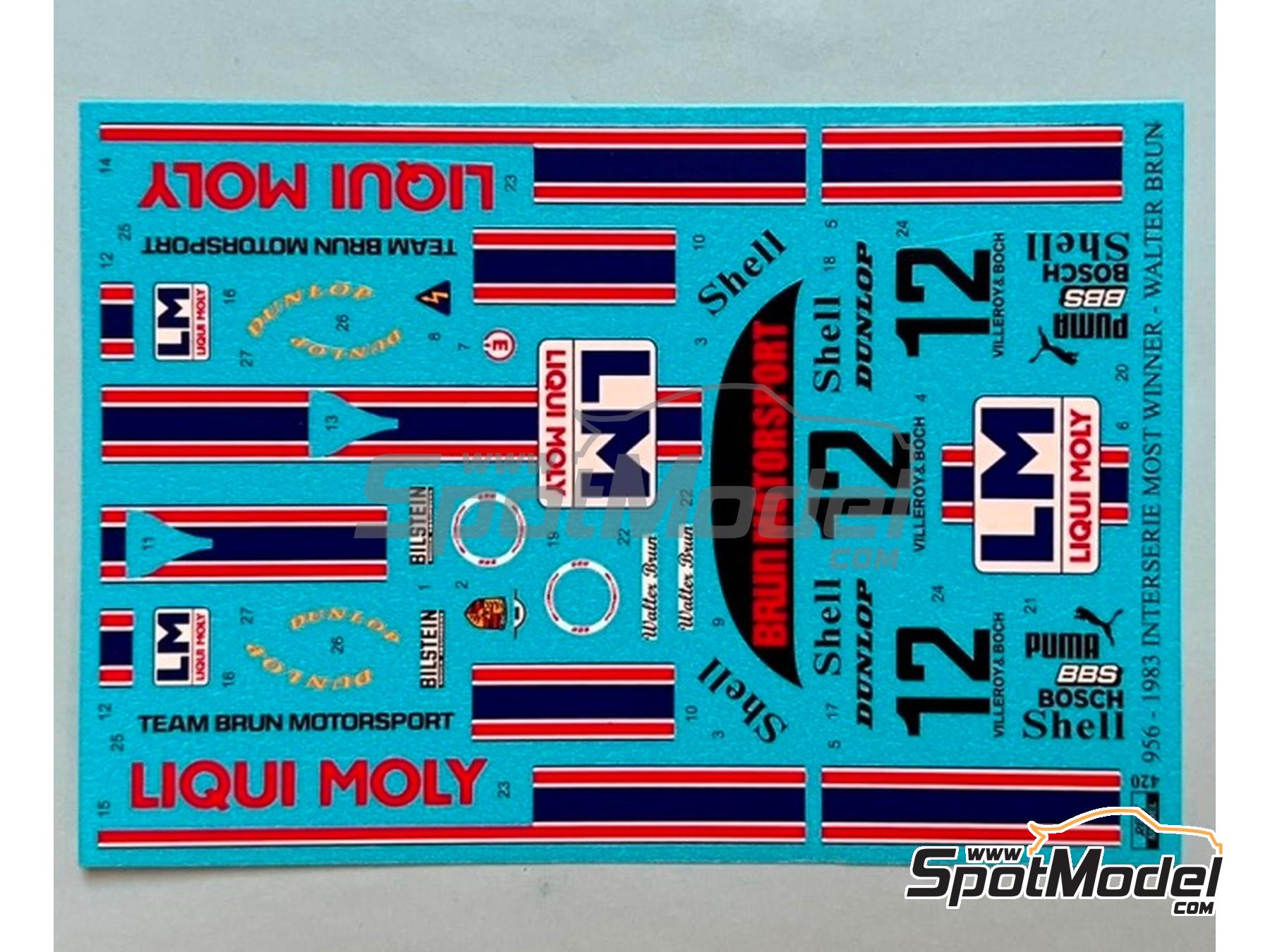 Image 2: Porsche 956 Equipo Brun Motorsport patrocinado por Liqui Moly - Interserie Most 1983 | Decoraci&oacute;n en escala&nbsp;1/24 fabricado por Reji Model (ref.&nbsp;REJI-420, tambien 420 y 0420)