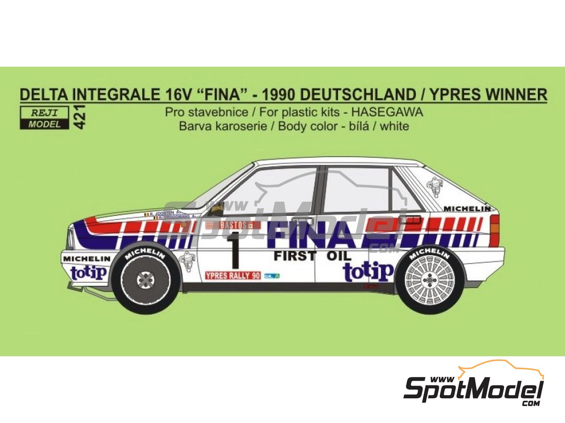 Image 1: Lancia Delta HF Integrale 16V Equipo Jolly Club patrocinado por Fina - Rally 24 Horas de Ypres, Rally de Alemania ADAC 1990 | Decoraci&oacute;n en escala&nbsp;1/24 fabricado por Reji Model (ref.&nbsp;REJI-421, tambien 421 y 0421)