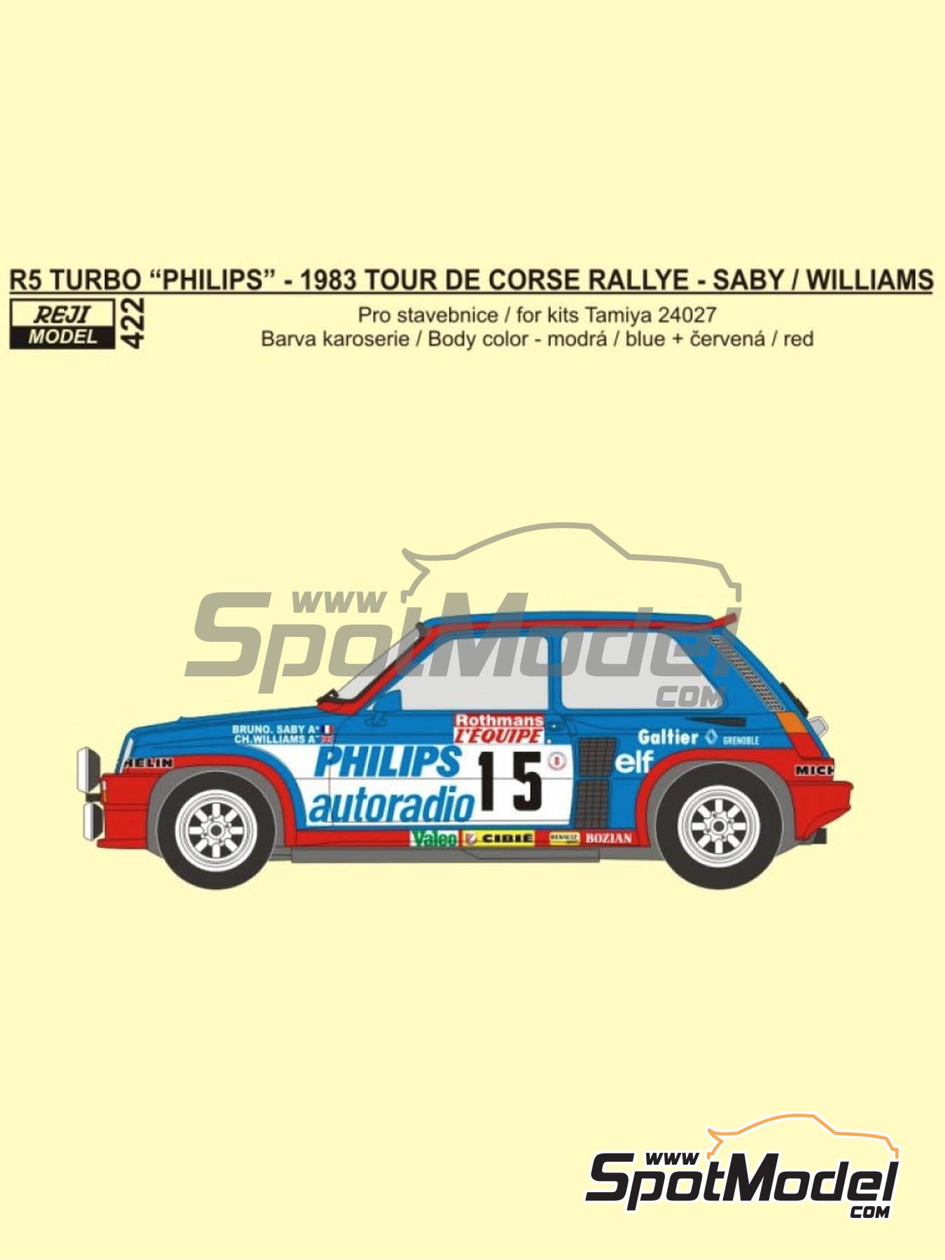 Renault 5 Turbo patrocinado por Philips Autoradio - Tour de Corse Rally de Francia 1983 | Decoración en escala 1/24 fabricado por Reji Model (ref. REJI-422, tambien 422 y 0422) image