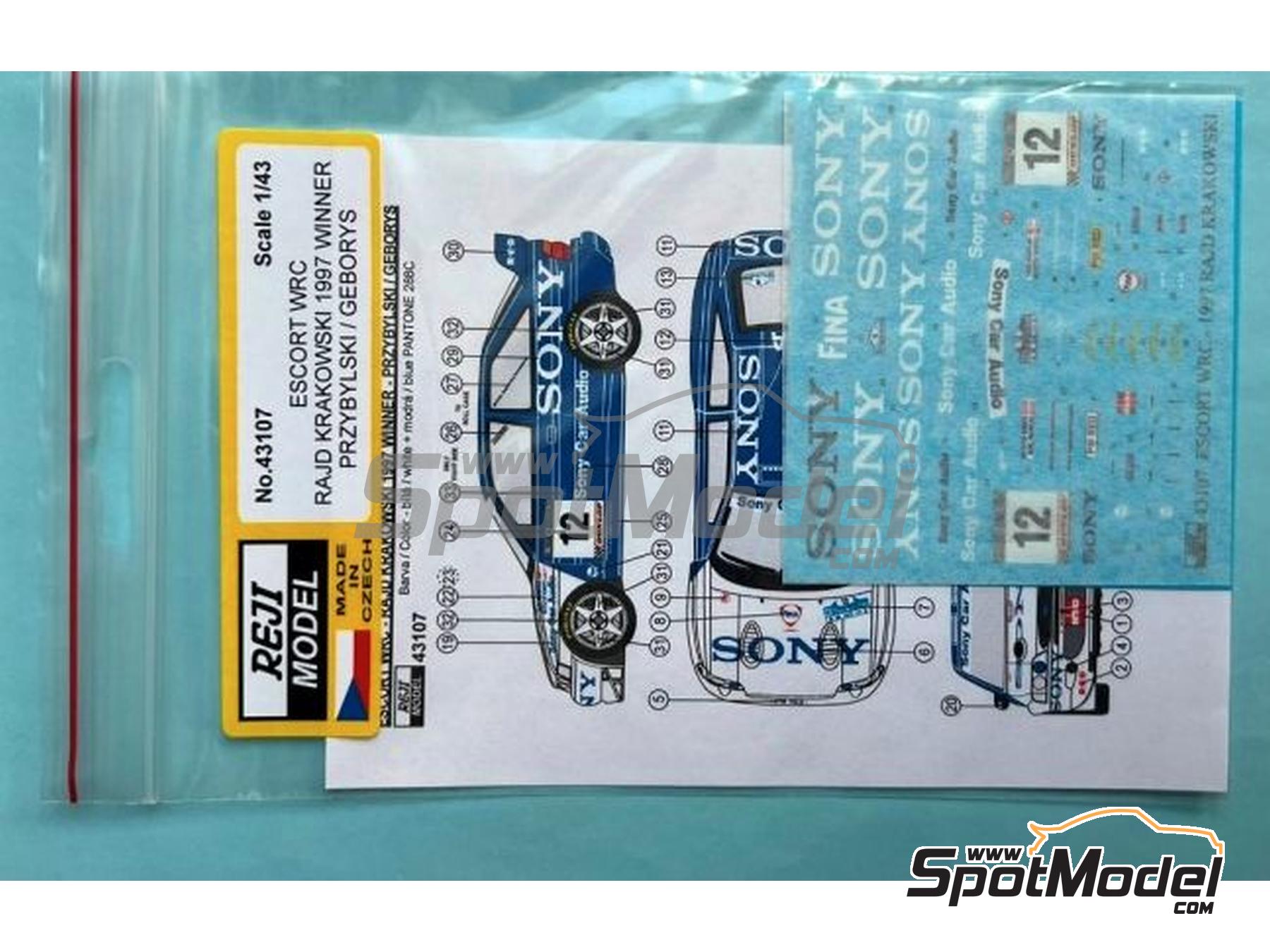 Image 3: Ford Escort RS Cosworth Group A sponsored by Sony Car Audio - Rajd Krakowski Rally 1997 | Marking / livery in 1/43 scale manufactured by Reji Model (ref.&nbsp;REJI-43107, also 43107)