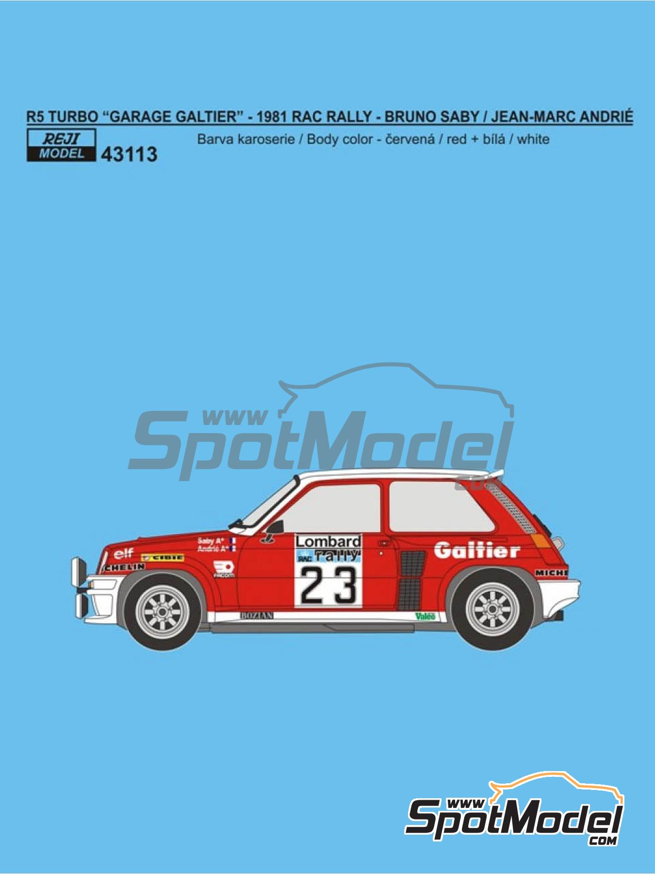 Renault 5 Turbo Group 4 Bozian Team sponsored by Garage Galtier - Lombard RAC Rally 1981 | Marking / livery in 1/43 scale manufactured by Reji Model (ref. REJI-43113, also 43113) image