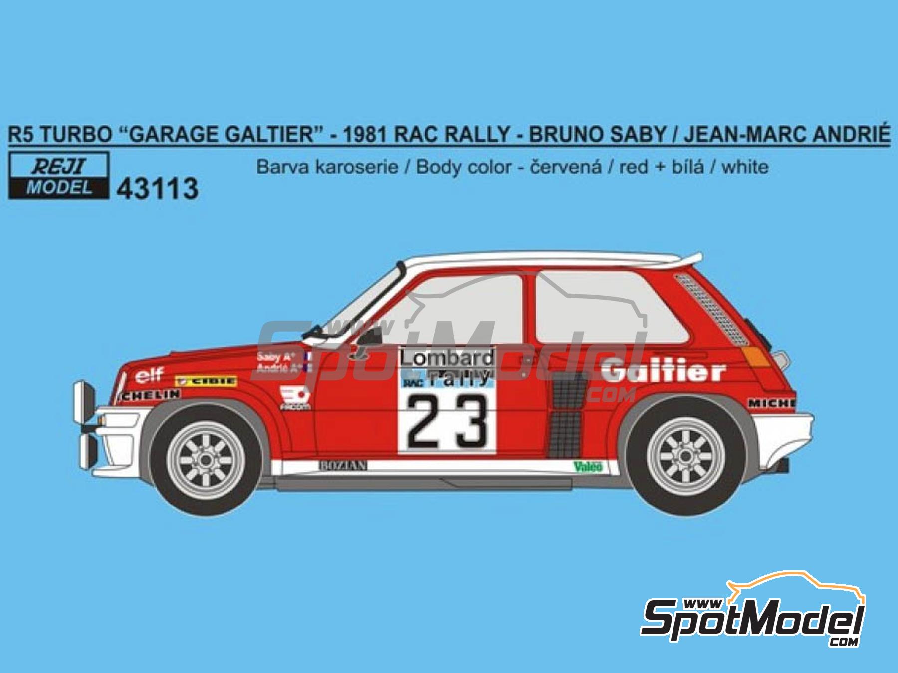 Image 1: Renault 5 Turbo Group 4 Bozian Team sponsored by Garage Galtier - Lombard RAC Rally 1981 | Marking / livery in 1/43 scale manufactured by Reji Model (ref. REJI-43113, also 43113)
