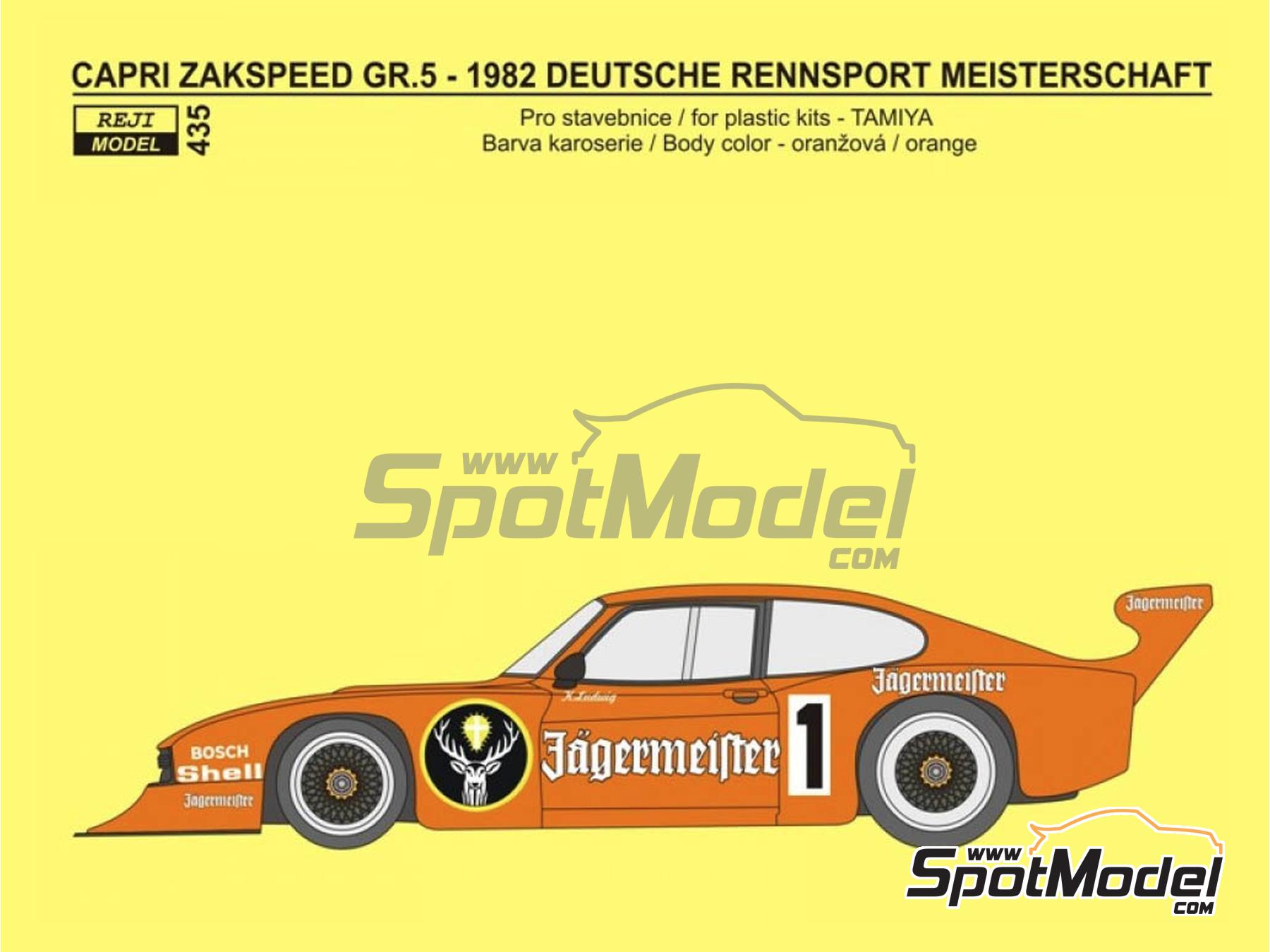 Image 1: Ford Capri Turbo Group 5 Zakspeed Team sponsored by J&auml;germeister - Deutsche Rennsport Meisterschaft DRM 1982 | Marking / livery in 1/24 scale manufactured by Reji Model (ref.&nbsp;REJI-435, also 435 and 0435)