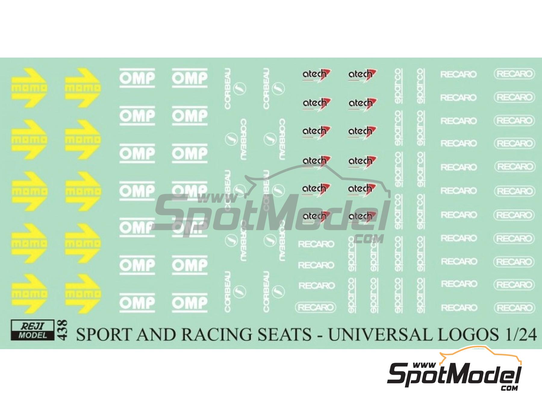 Image 1: Logos para asientos deportivos y de competici&oacute;n, Momo, Sparco, OMP, Corbeau, Recaro, Atech | Logotipos en escala&nbsp;1/24 fabricado por Reji Model (ref.&nbsp;REJI-438, tambien 438 y 0438)