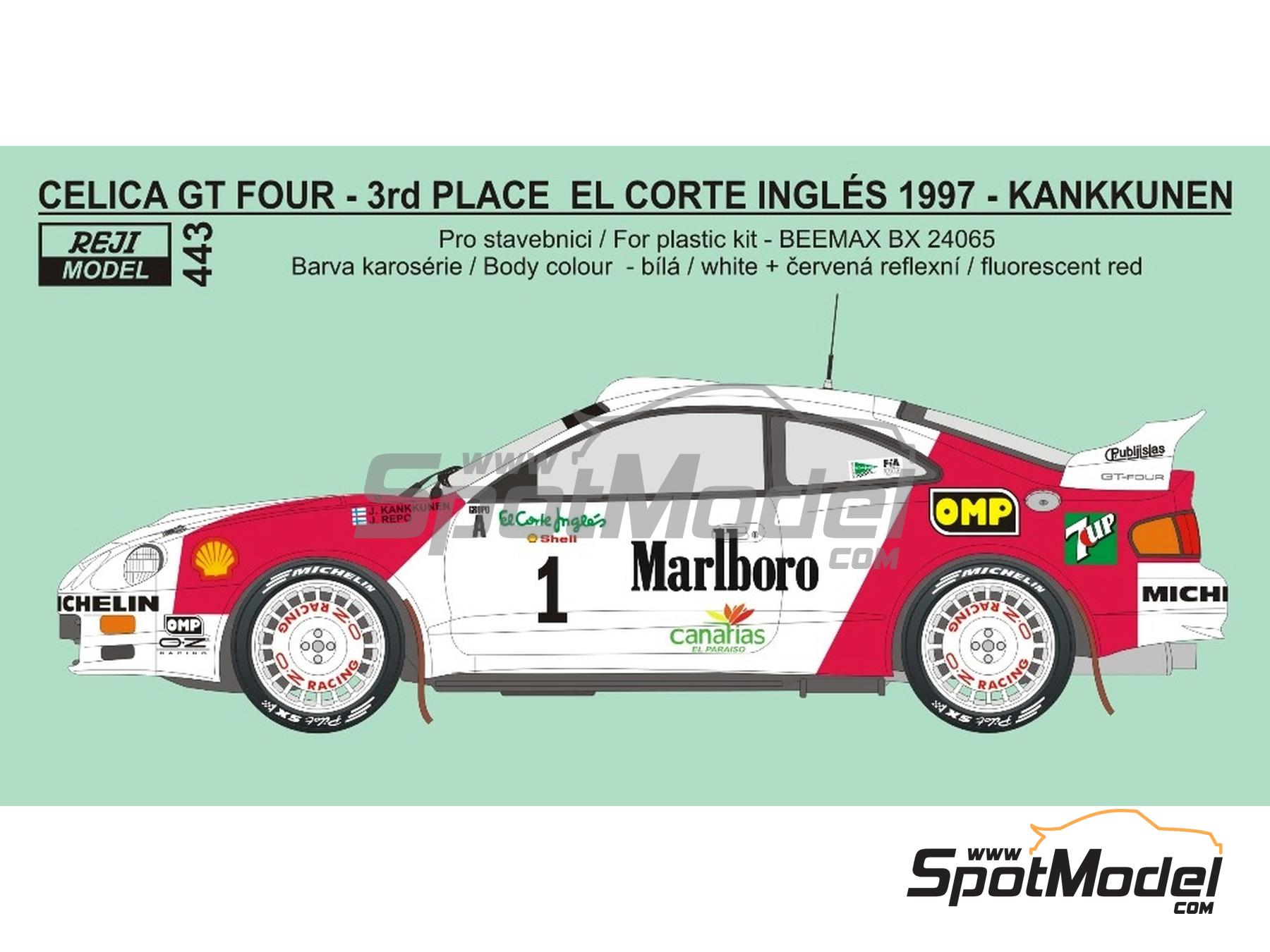 Image 1: Toyota Celica GT-Four ST205 Group A H.F. Grifone SRL Team sponsored by Marlboro - El Corte Ingles Rally Islas Canarias 1997 | Marking / livery in 1/24 scale manufactured by Reji Model (ref.&nbsp;REJI-443, also 443)
