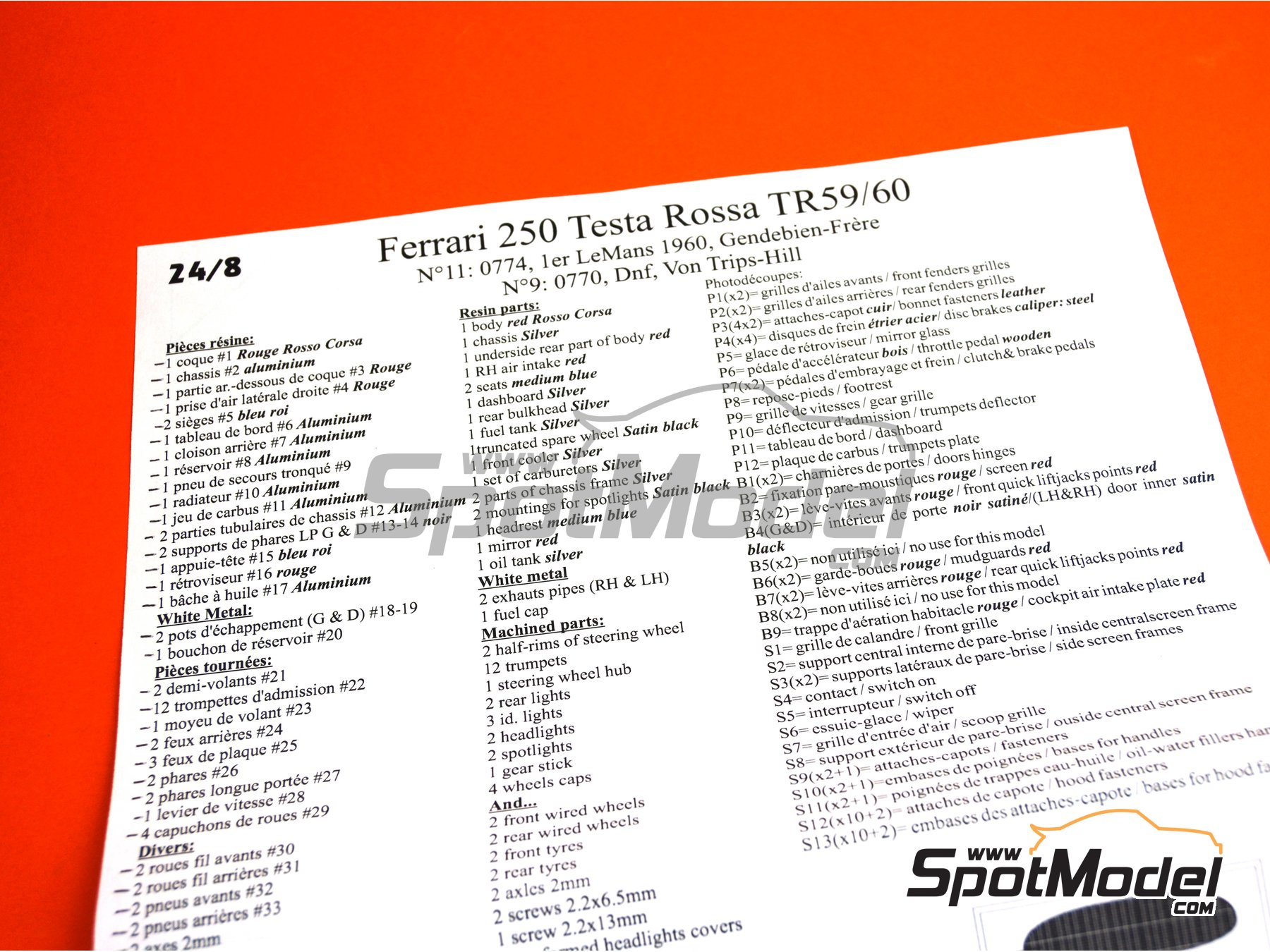 Image 12: Ferrari 250 Testa Rossa TR59/60 - 24 Hours Le Mans 1960 | Car scale model kit in 1/24 scale manufactured by Renaissance Models (ref.&nbsp;24-08, also 24/08)