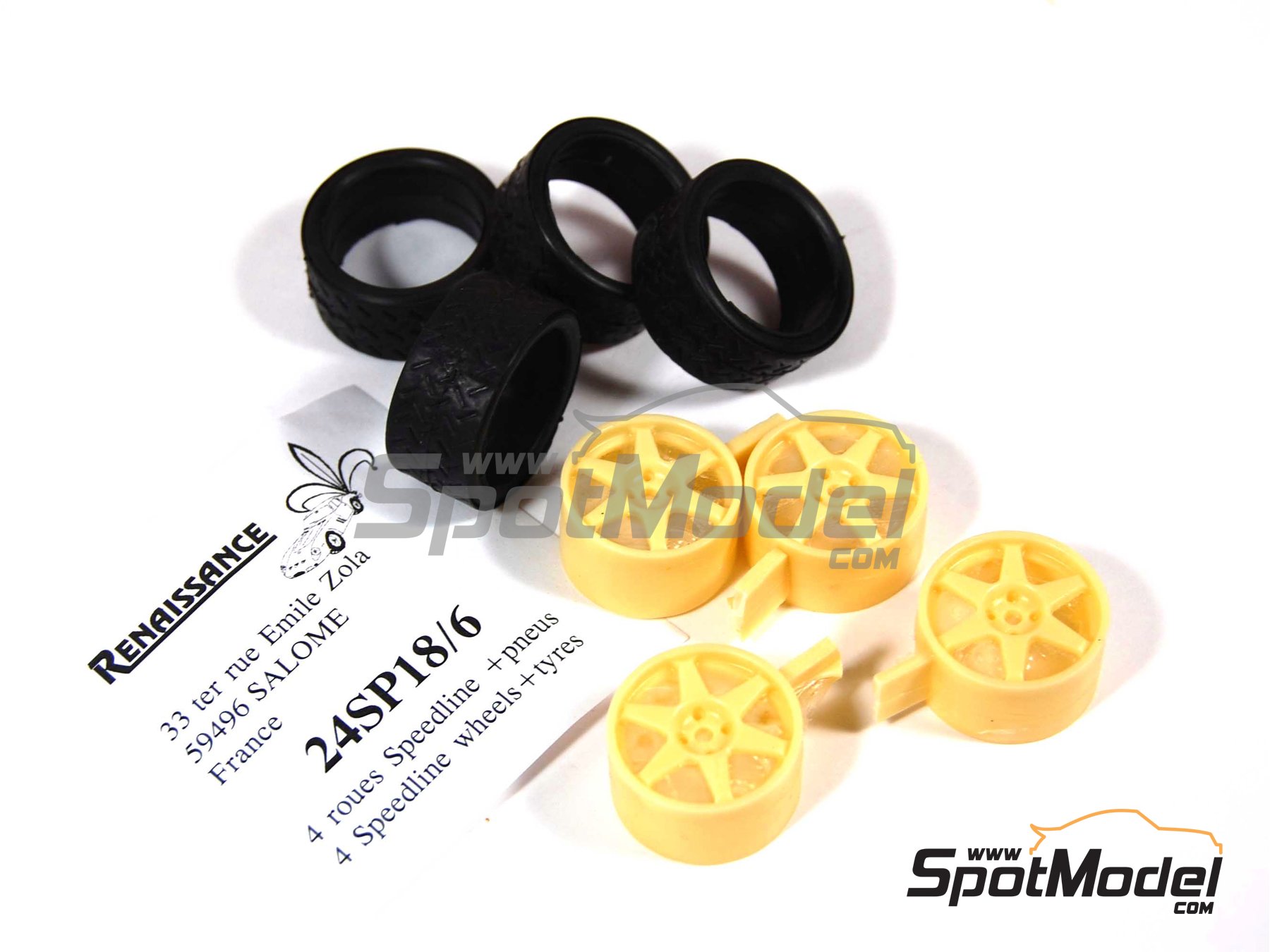 Image 1: Speedline Rally 18 pulgadas 6 radios 4 tuercas | Set de llantas y neumáticos en escala 1/24 fabricado por Renaissance Models (ref. 24SP18-6)