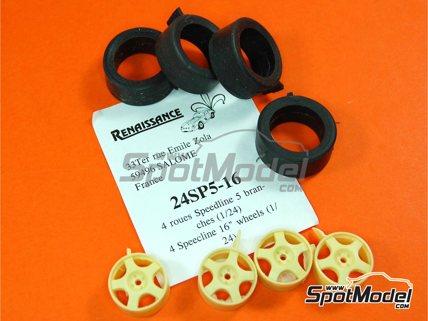 Image 1: Speedline 5 spokes 16 inches | Rims and tyres set in 1/24 scale manufactured by Renaissance Models (ref.&nbsp;24SP5-16)