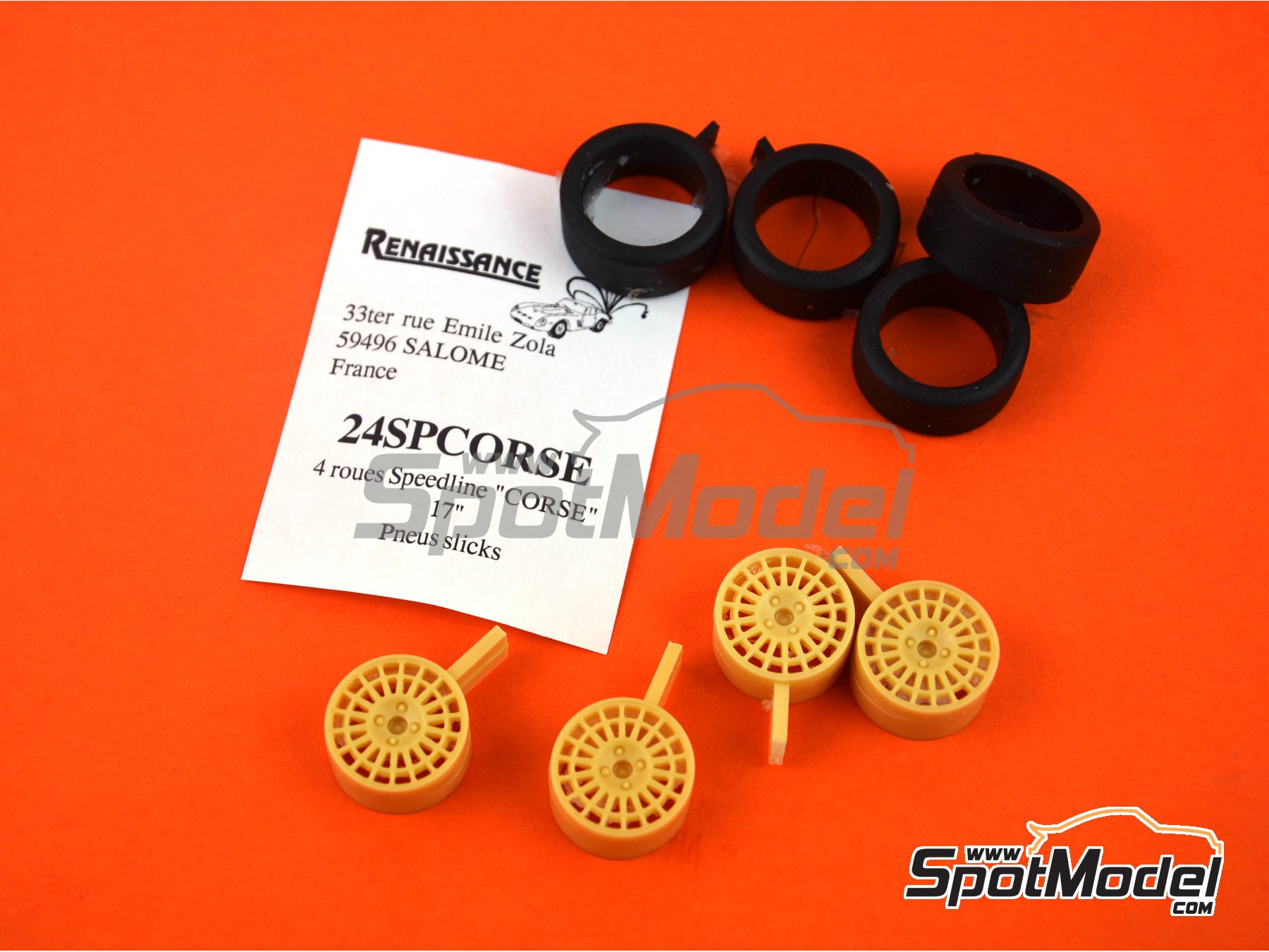 Image 2: Speedline 17 pulgadas 4 tuercas | Set de llantas y neumáticos en escala 1/24 fabricado por Renaissance Models (ref. 24SPCORSE)