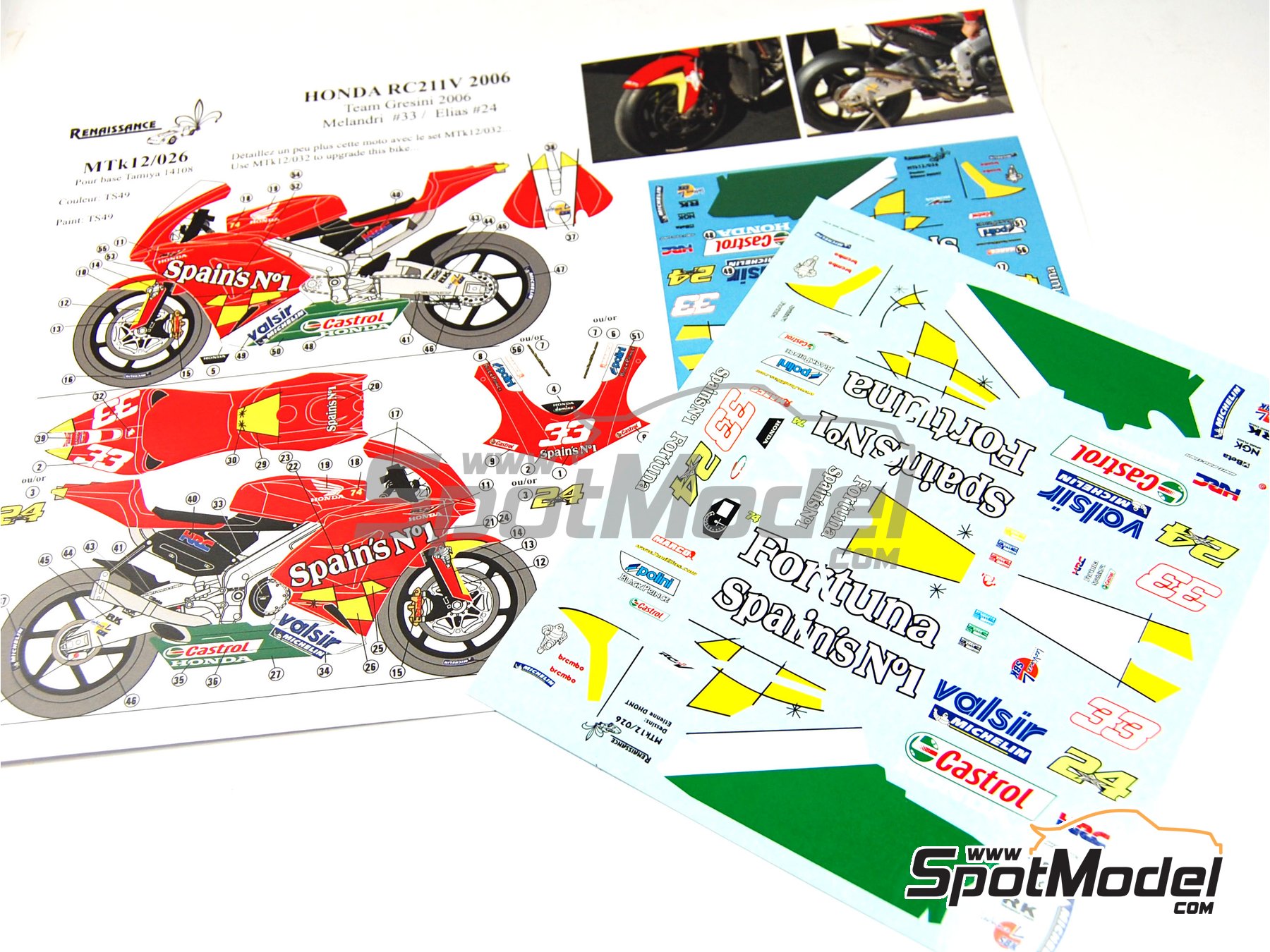 Image 3: Honda RC211V Equipo Gresini Racing patrocinado por Fortuna "Spain's number 1" - Campeonato del Mundo de Moto GP 2006 | Decoraci&oacute;n en escala&nbsp;1/12 fabricado por Renaissance Models (ref.&nbsp;MTK12-026, tambien MTK12/026)