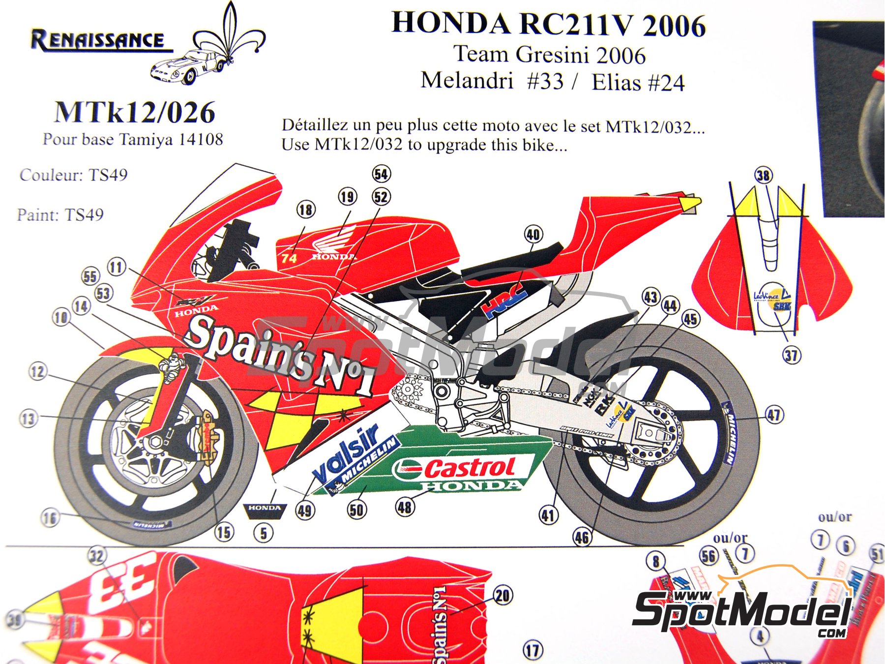 Image 4: Honda RC211V Equipo Gresini Racing patrocinado por Fortuna "Spain's number 1" - Campeonato del Mundo de Moto GP 2006 | Decoraci&oacute;n en escala&nbsp;1/12 fabricado por Renaissance Models (ref.&nbsp;MTK12-026, tambien MTK12/026)
