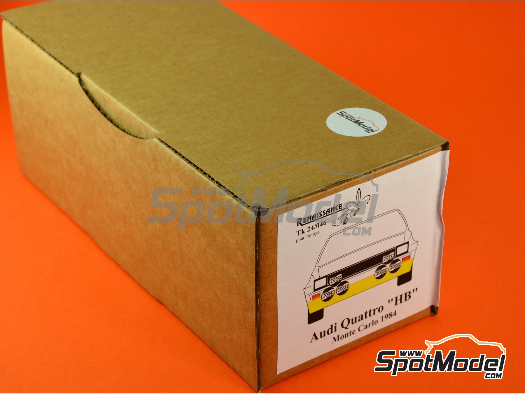 Image 1: Audi Quattro Group B Equipo Audi Team patrocinado por HB International - Rally de Monte Carlo - Rallye Automobile de Monte-Carlo 1984 | Decoración en escala 1/24 fabricado por Renaissance Models (ref. TK24-046, tambien TK24/046)