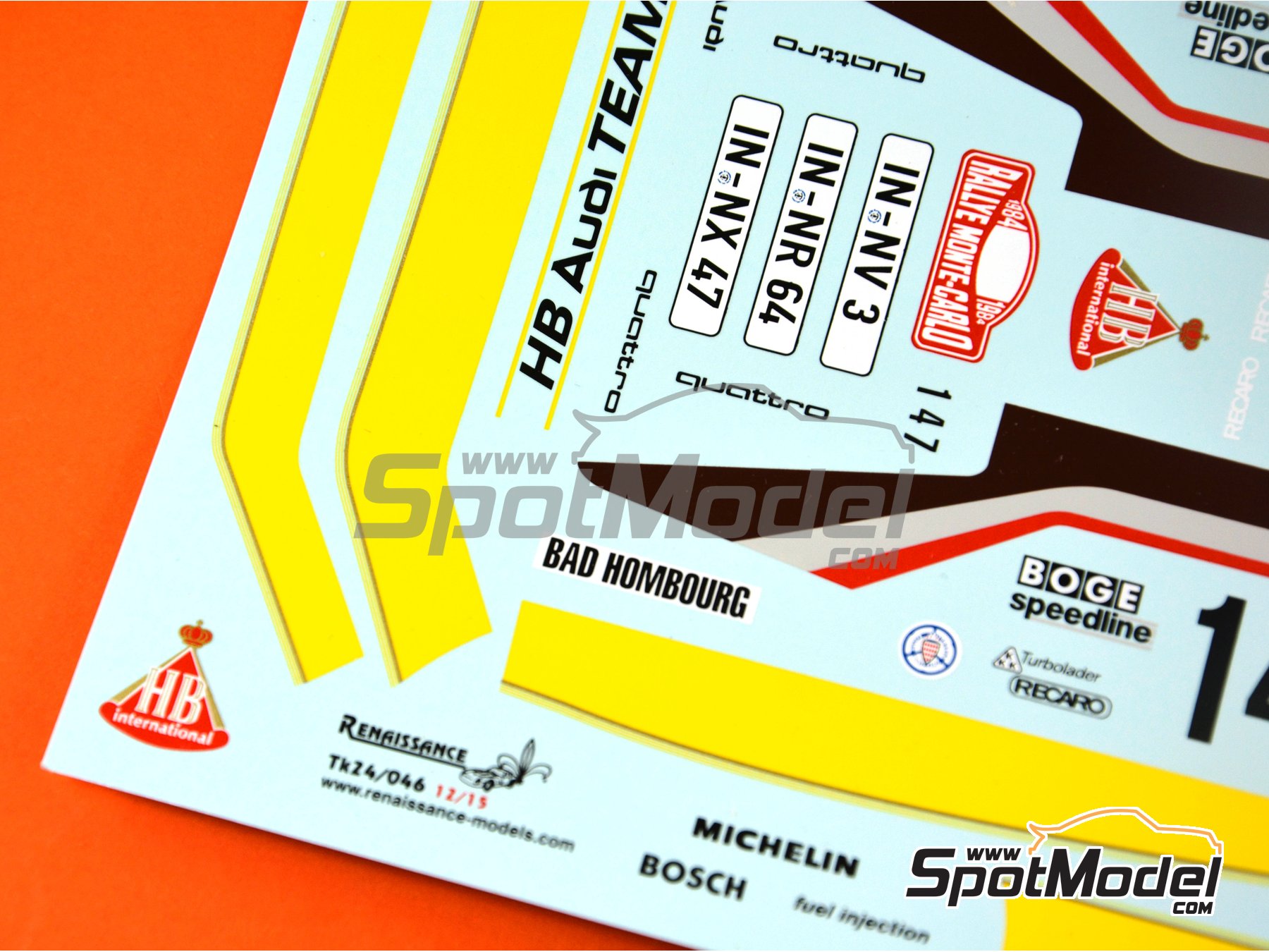 Image 4: Audi Quattro Group B Equipo Audi Team patrocinado por HB International - Rally de Monte Carlo - Rallye Automobile de Monte-Carlo 1984 | Decoración en escala 1/24 fabricado por Renaissance Models (ref. TK24-046, tambien TK24/046)