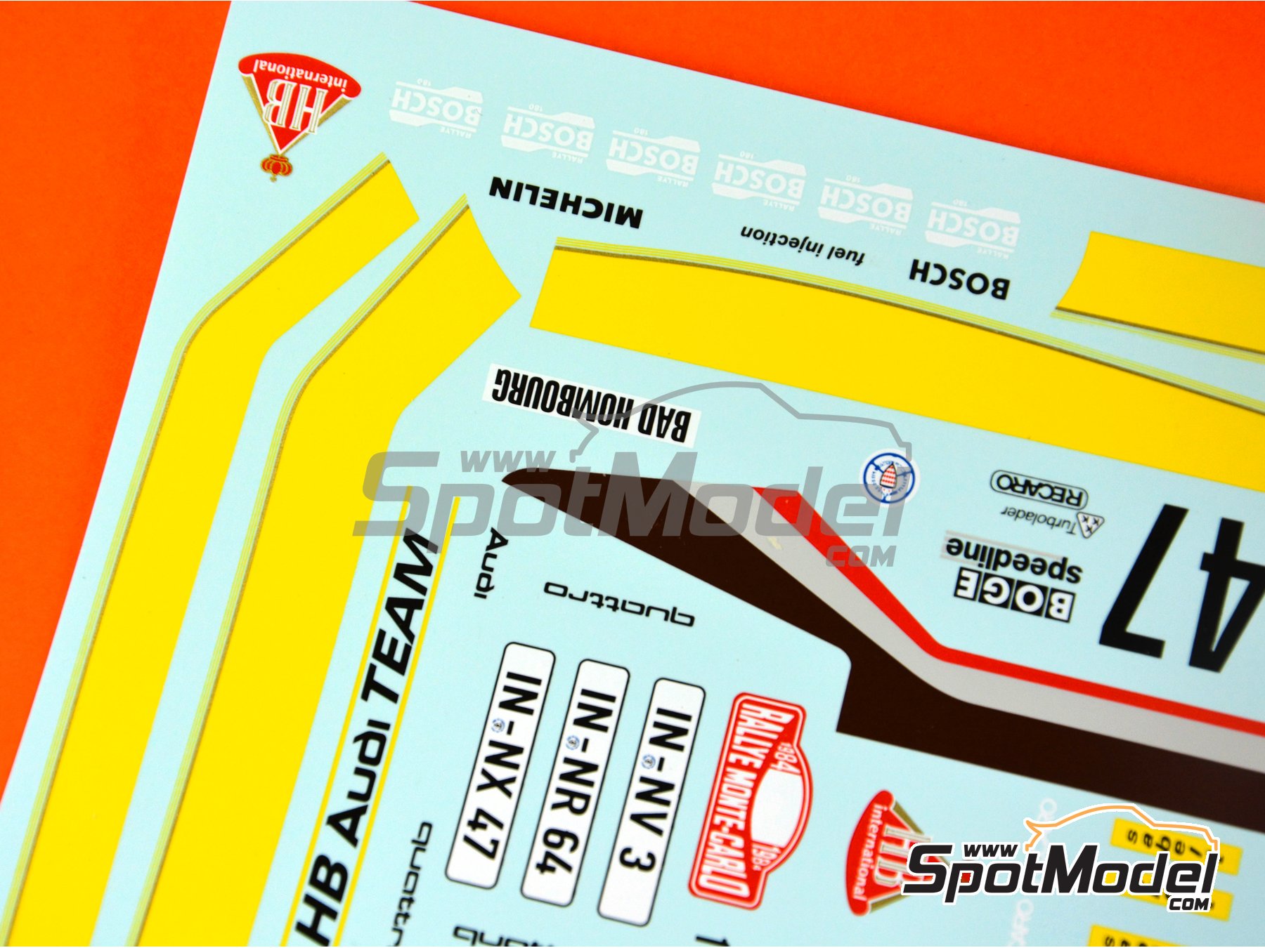 Image 5: Audi Quattro Group B Equipo Audi Team patrocinado por HB International - Rally de Monte Carlo - Rallye Automobile de Monte-Carlo 1984 | Decoración en escala 1/24 fabricado por Renaissance Models (ref. TK24-046, tambien TK24/046)