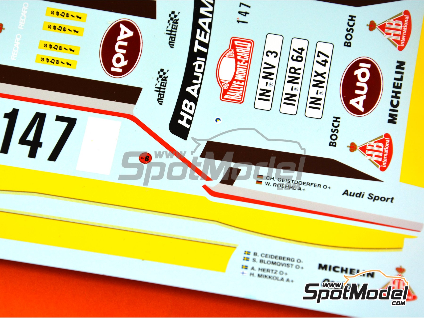 Image 7: Audi Quattro Group B Equipo Audi Team patrocinado por HB International - Rally de Monte Carlo - Rallye Automobile de Monte-Carlo 1984 | Decoración en escala 1/24 fabricado por Renaissance Models (ref. TK24-046, tambien TK24/046)