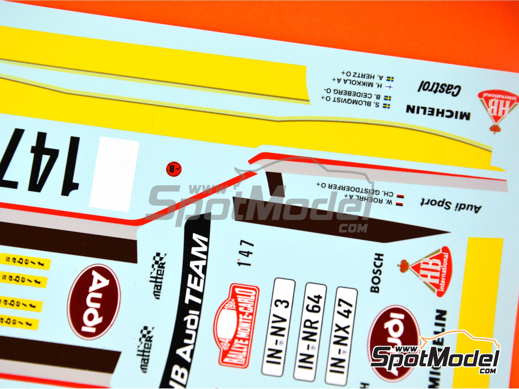 Image 8: Audi Quattro Group B Equipo Audi Team patrocinado por HB International - Rally de Monte Carlo - Rallye Automobile de Monte-Carlo 1984 | Decoración en escala 1/24 fabricado por Renaissance Models (ref. TK24-046, tambien TK24/046)