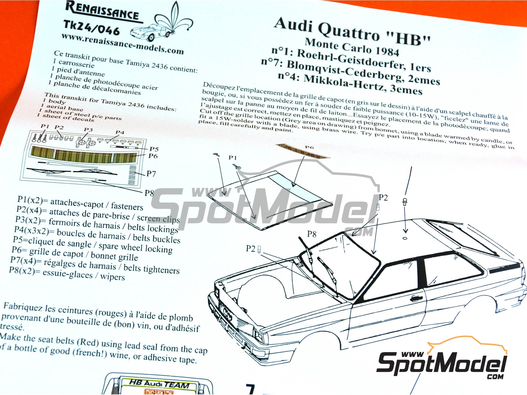 Image 13: Audi Quattro Group B Equipo Audi Team patrocinado por HB International - Rally de Monte Carlo - Rallye Automobile de Monte-Carlo 1984 | Decoración en escala 1/24 fabricado por Renaissance Models (ref. TK24-046, tambien TK24/046)