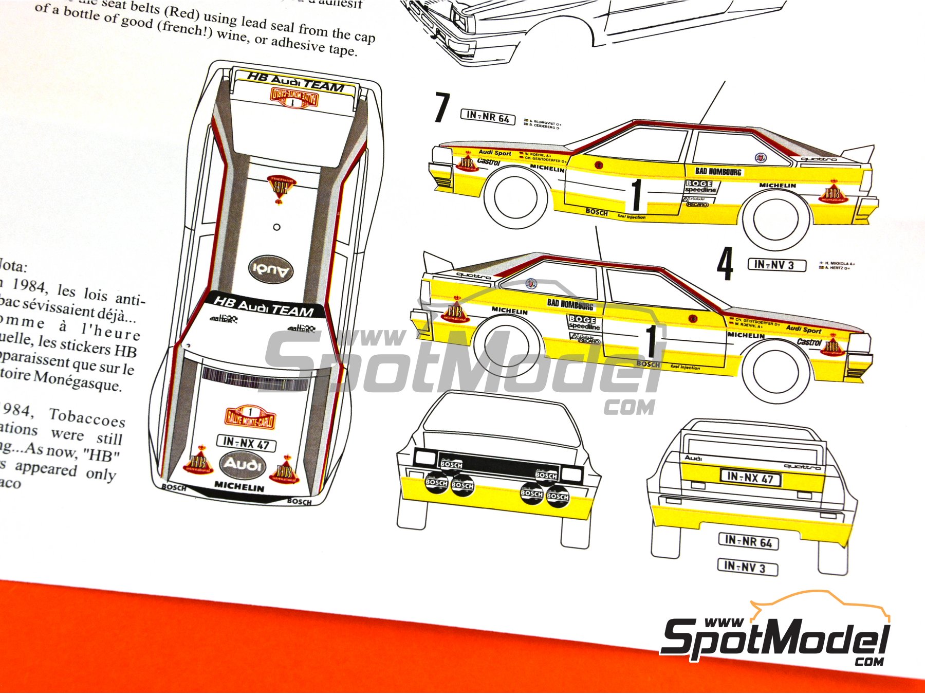 Image 14: Audi Quattro Group B Equipo Audi Team patrocinado por HB International - Rally de Monte Carlo - Rallye Automobile de Monte-Carlo 1984 | Decoración en escala 1/24 fabricado por Renaissance Models (ref. TK24-046, tambien TK24/046)