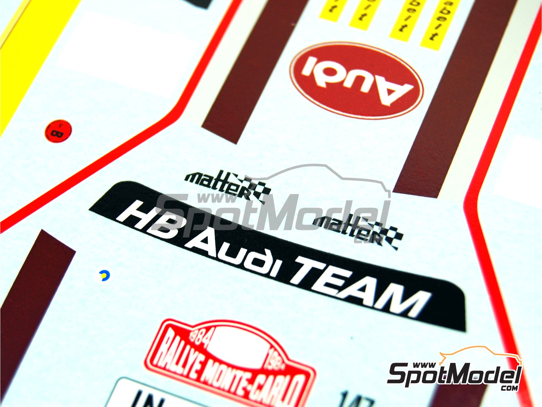 Image 10: Audi Quattro Grupo B Equipo Audi Team patrocinado por HB International - Rally de Monte Carlo - Rallye Automobile de Monte-Carlo 1984 | Decoración en escala 1/24 fabricado por Renaissance Models (ref. TK24-046DS, tambien TK24/046DS)