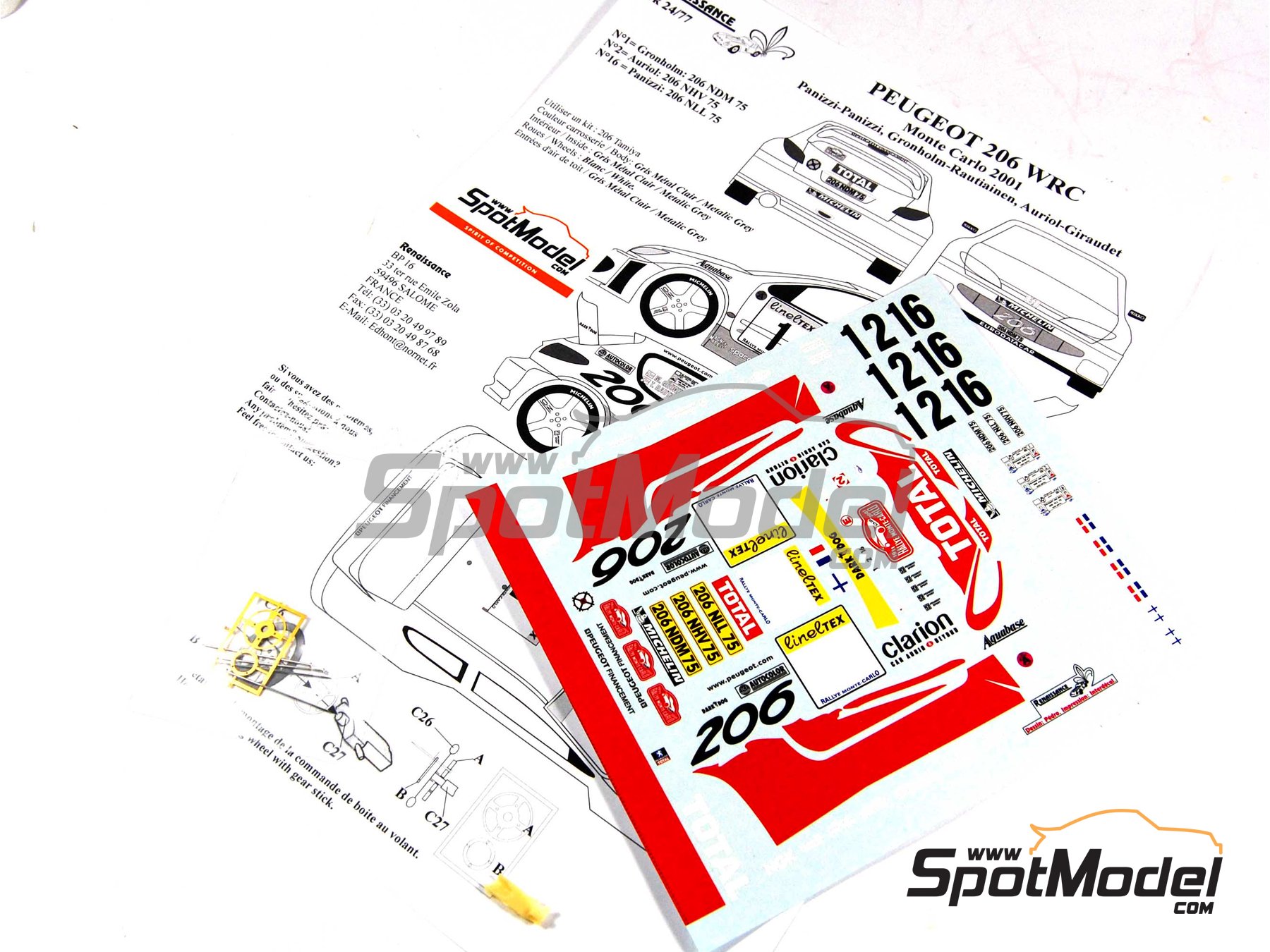 Image 1: Peugeot 206 WRC patrocinado por Clarion Total - Rally de Monte Carlo - Rallye Automobile de Monte-Carlo 2001 | Decoraci&oacute;n en escala&nbsp;1/24 fabricado por Renaissance Models (ref.&nbsp;TK24-077, tambien TK24/077)