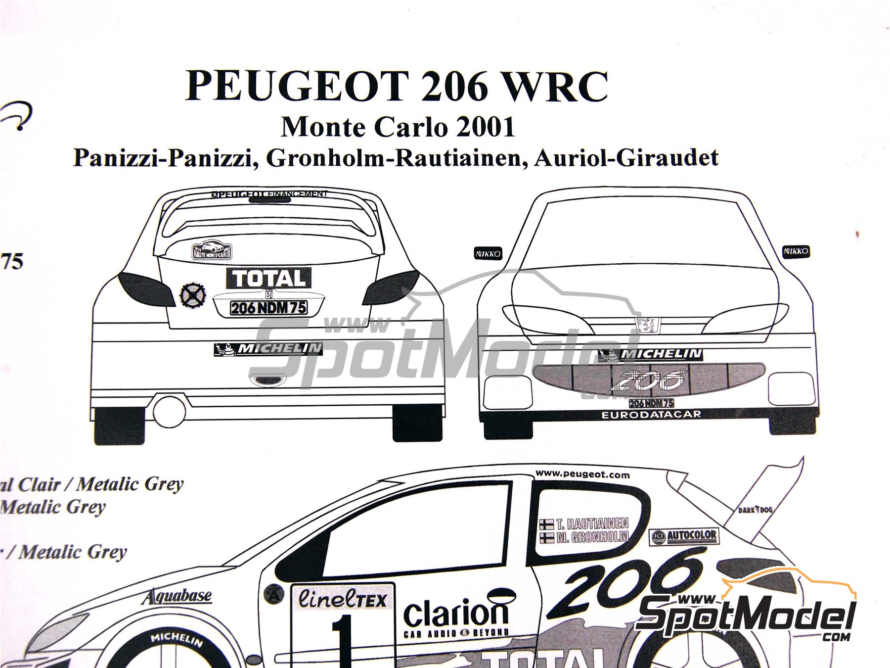 Image 2: Peugeot 206 WRC patrocinado por Clarion Total - Rally de Monte Carlo - Rallye Automobile de Monte-Carlo 2001 | Decoraci&oacute;n en escala&nbsp;1/24 fabricado por Renaissance Models (ref.&nbsp;TK24-077, tambien TK24/077)