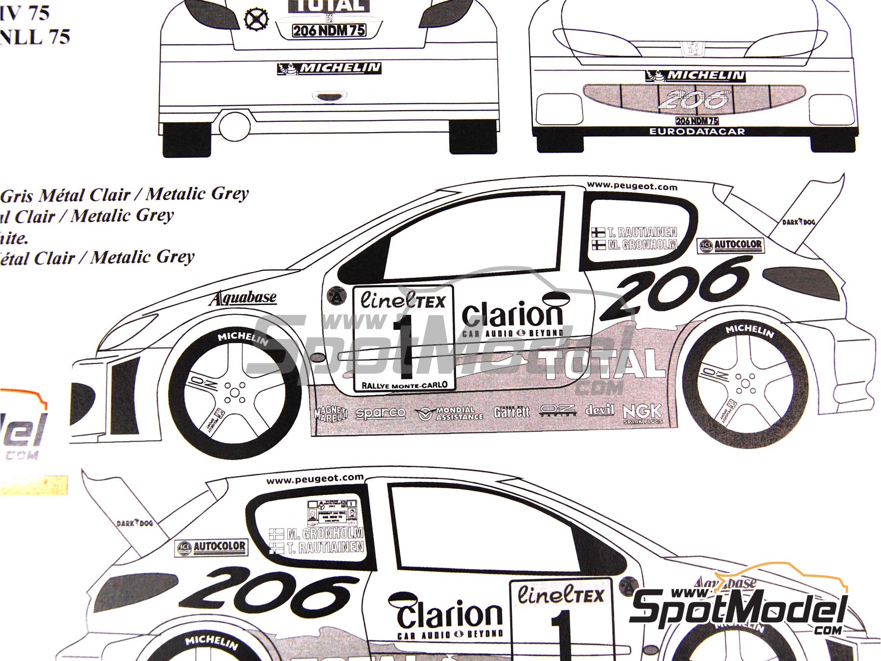 Image 3: Peugeot 206 WRC patrocinado por Clarion Total - Rally de Monte Carlo - Rallye Automobile de Monte-Carlo 2001 | Decoraci&oacute;n en escala&nbsp;1/24 fabricado por Renaissance Models (ref.&nbsp;TK24-077, tambien TK24/077)