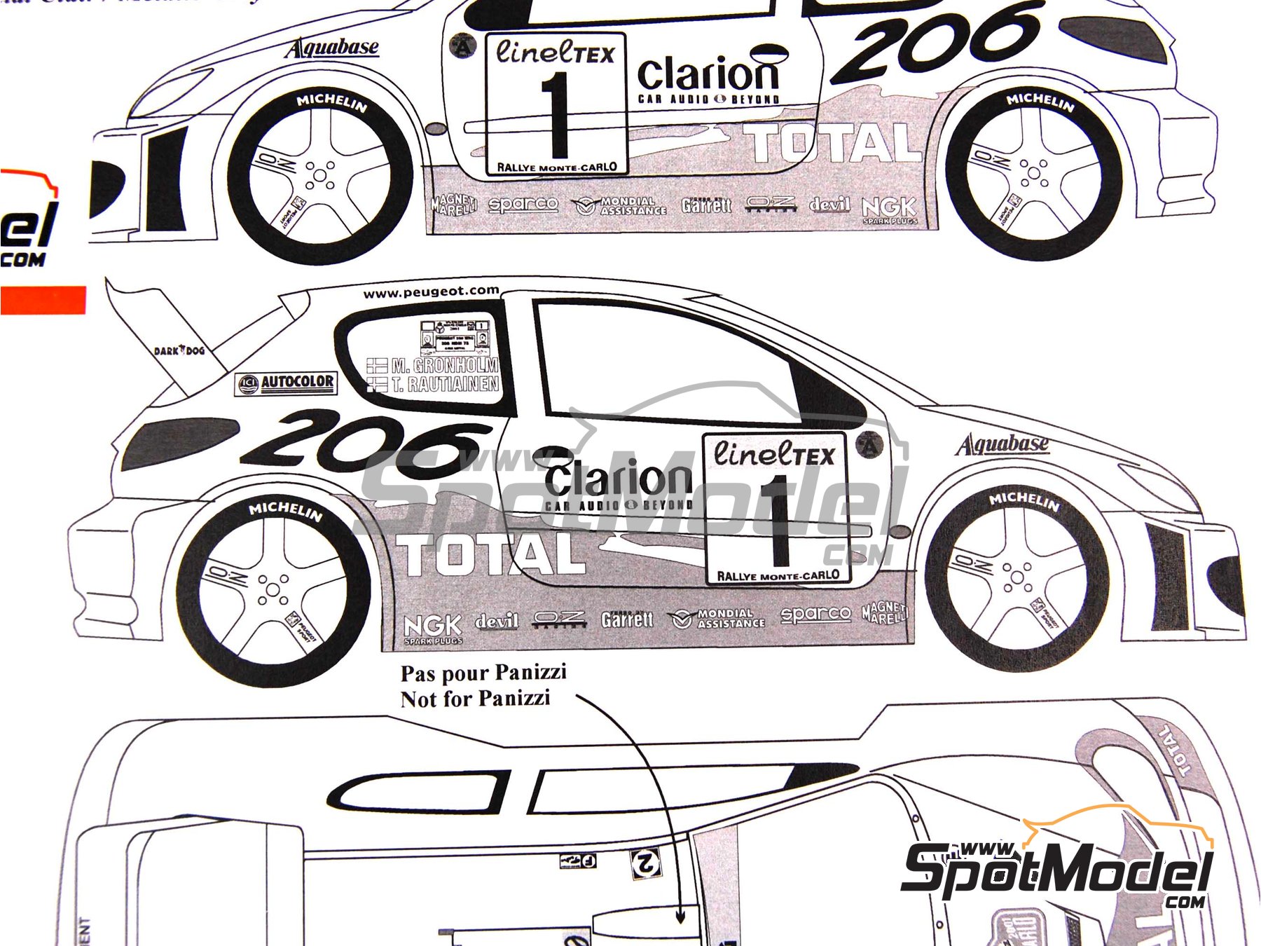 Image 4: Peugeot 206 WRC patrocinado por Clarion Total - Rally de Monte Carlo - Rallye Automobile de Monte-Carlo 2001 | Decoraci&oacute;n en escala&nbsp;1/24 fabricado por Renaissance Models (ref.&nbsp;TK24-077, tambien TK24/077)