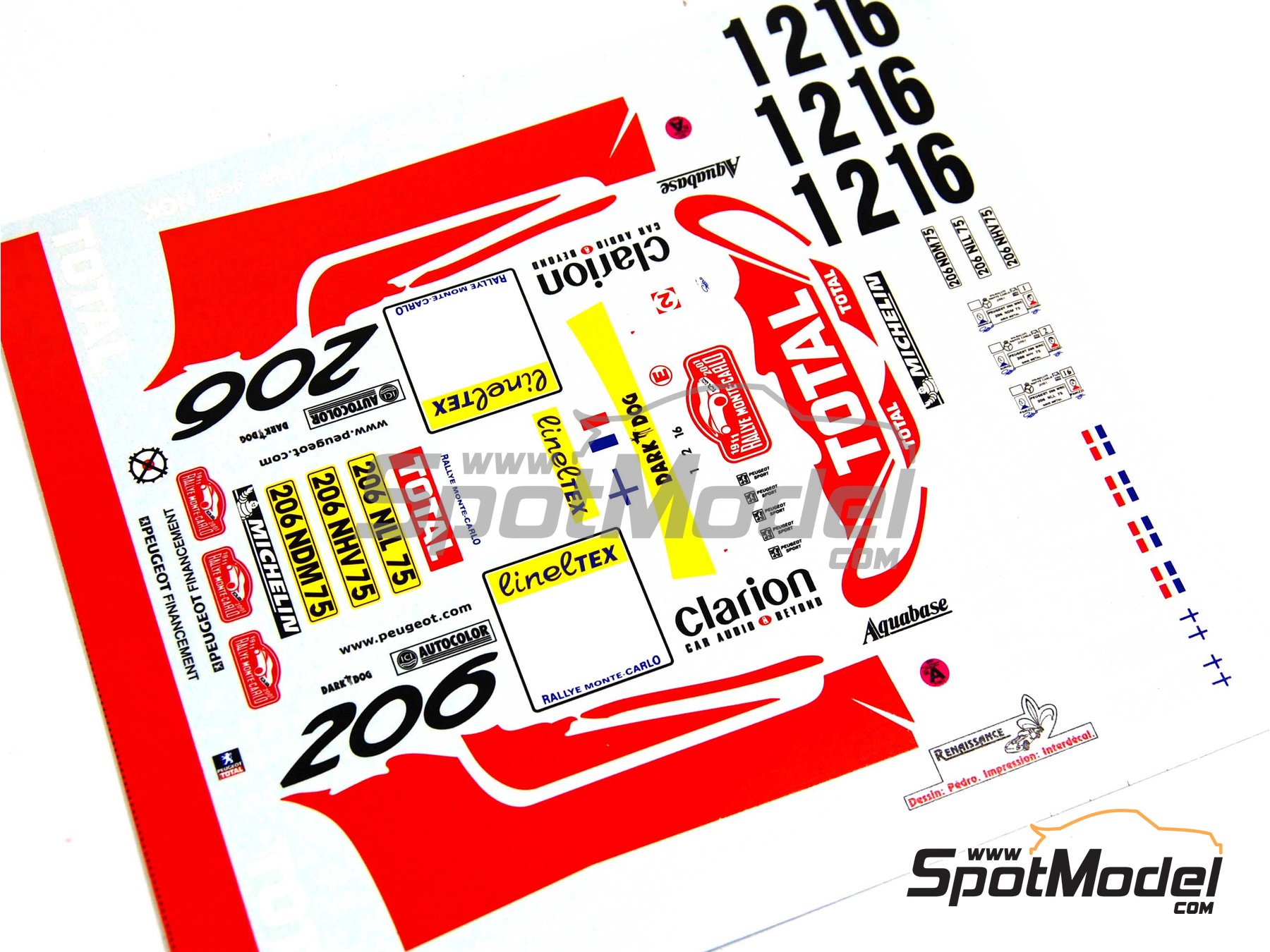 Image 7: Peugeot 206 WRC patrocinado por Clarion Total - Rally de Monte Carlo - Rallye Automobile de Monte-Carlo 2001 | Decoraci&oacute;n en escala&nbsp;1/24 fabricado por Renaissance Models (ref.&nbsp;TK24-077, tambien TK24/077)