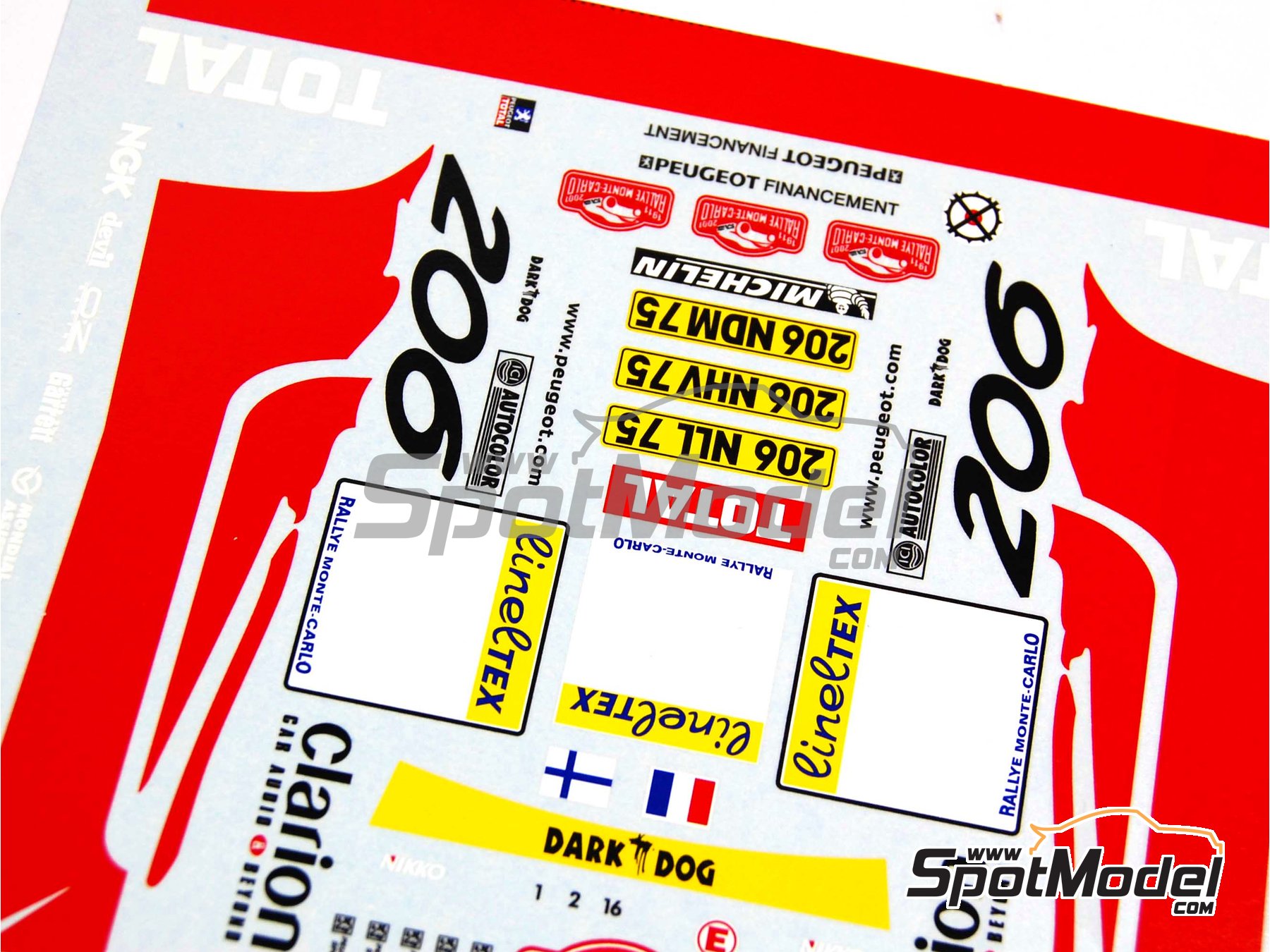 Image 8: Peugeot 206 WRC patrocinado por Clarion Total - Rally de Monte Carlo - Rallye Automobile de Monte-Carlo 2001 | Decoraci&oacute;n en escala&nbsp;1/24 fabricado por Renaissance Models (ref.&nbsp;TK24-077, tambien TK24/077)