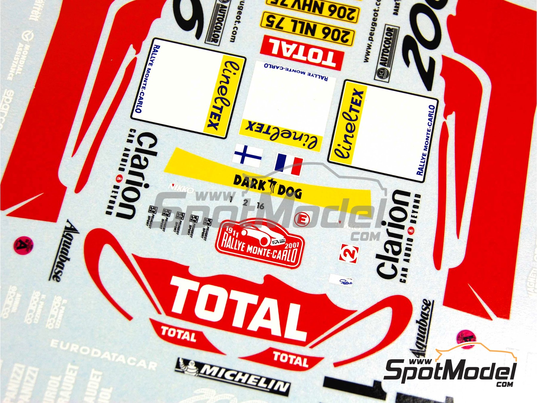 Image 9: Peugeot 206 WRC patrocinado por Clarion Total - Rally de Monte Carlo - Rallye Automobile de Monte-Carlo 2001 | Decoraci&oacute;n en escala&nbsp;1/24 fabricado por Renaissance Models (ref.&nbsp;TK24-077, tambien TK24/077)