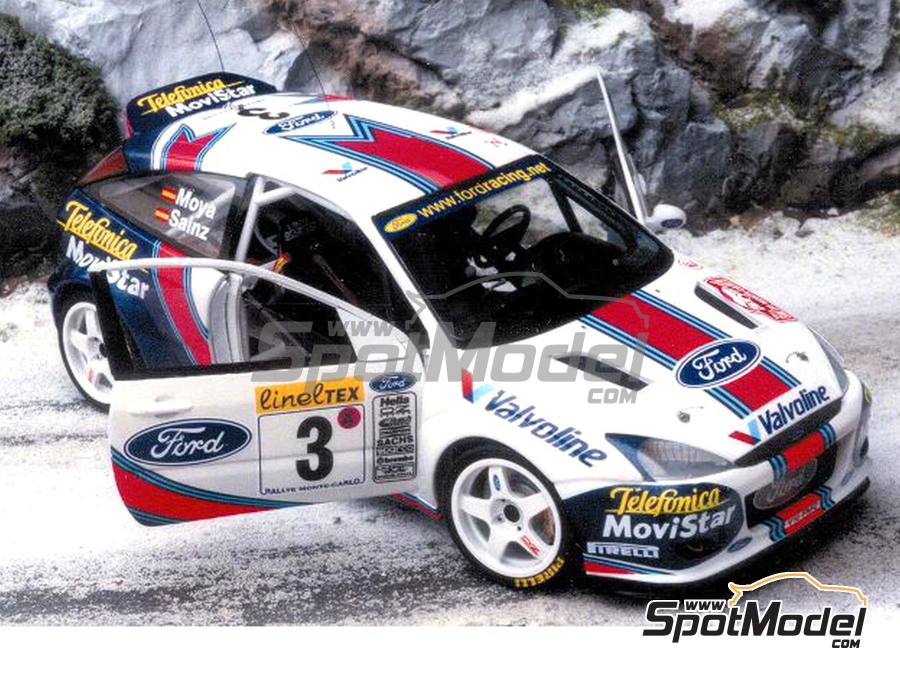 Image 1: Ford Focus WRC patrocinado por Martini Telefonica Movistar - Rally de Monte Carlo - Rallye Automobile de Monte-Carlo 2001 | Decoraci&oacute;n en escala&nbsp;1/24 fabricado por Renaissance Models (ref.&nbsp;TK24-078DS, tambien TK24/078DS)