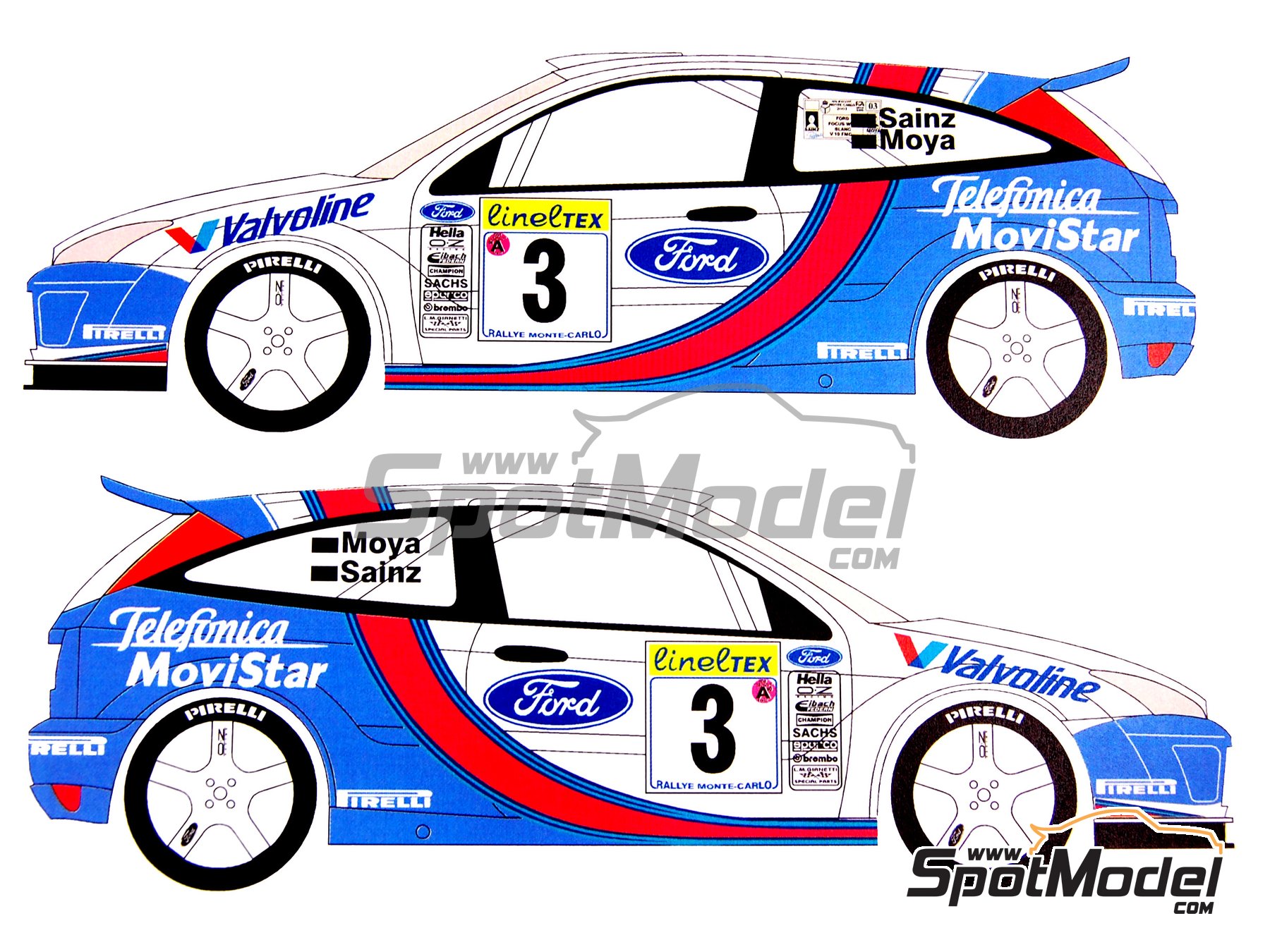 Image 3: Ford Focus WRC patrocinado por Martini Telefonica Movistar - Rally de Monte Carlo - Rallye Automobile de Monte-Carlo 2001 | Decoraci&oacute;n en escala&nbsp;1/24 fabricado por Renaissance Models (ref.&nbsp;TK24-078DS, tambien TK24/078DS)