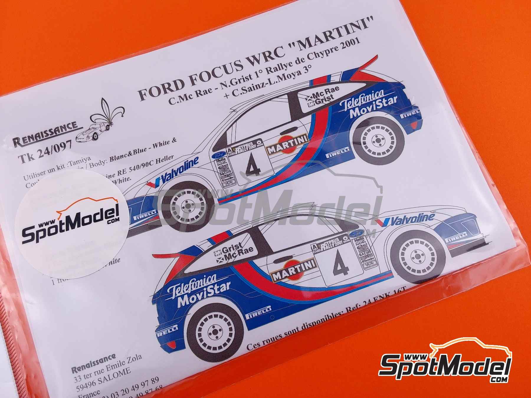 Image 2: Ford Focus WRC Martini patrocinado por Telef&oacute;nica Movistar, Martini - Rally de Chipre 2001 | Decoraci&oacute;n en escala&nbsp;1/24 fabricado por Renaissance Models (ref.&nbsp;TK24-097, tambien TK24/097)