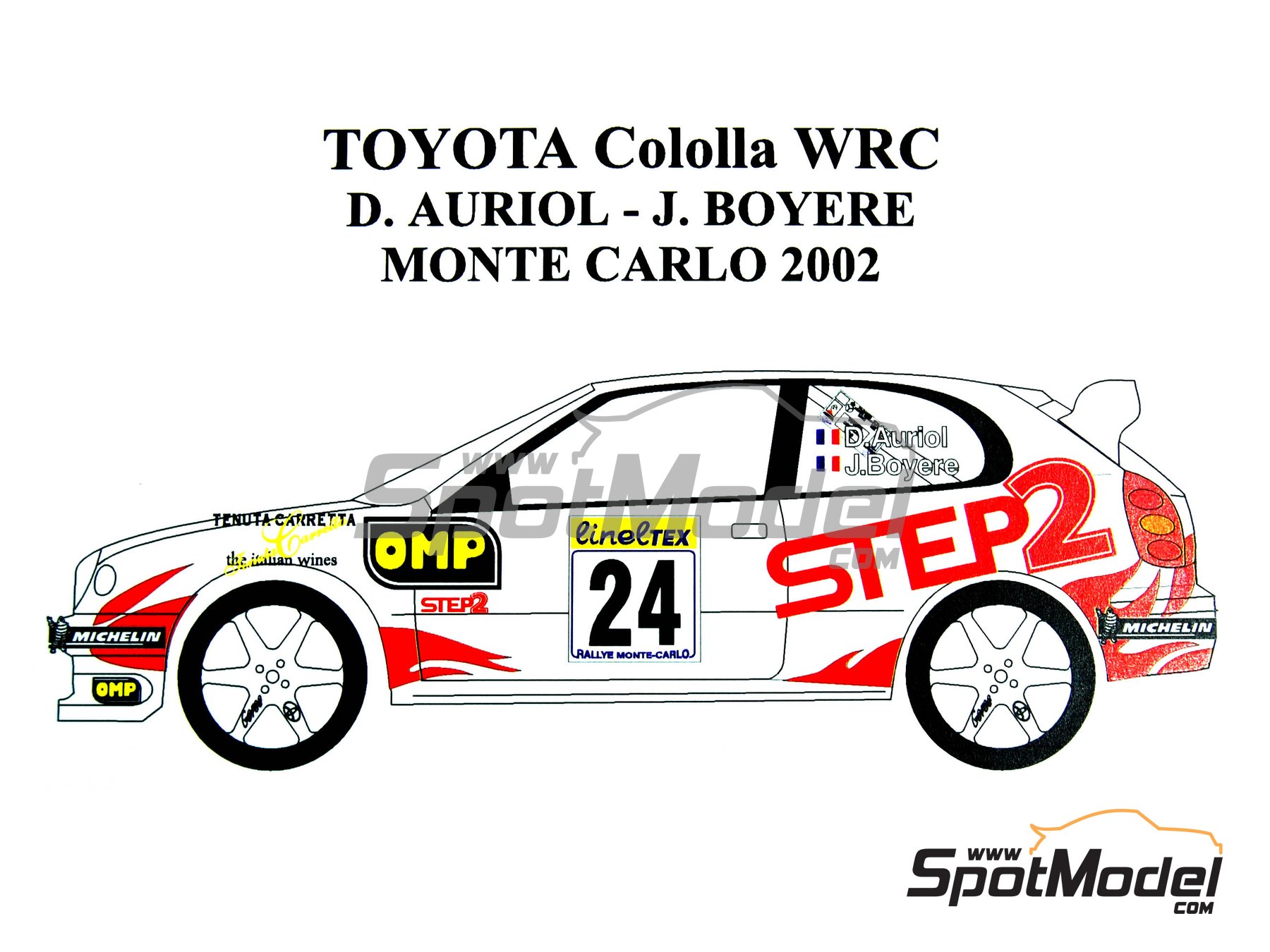 Image 1: Toyota Corolla WRC sponsored by Step2 - Monte Carlo Rally - Rallye Automobile de Monte-Carlo 2002 | Decals in 1/24 scale manufactured by Renaissance Models (ref.&nbsp;TK24-125, also TK24/125)