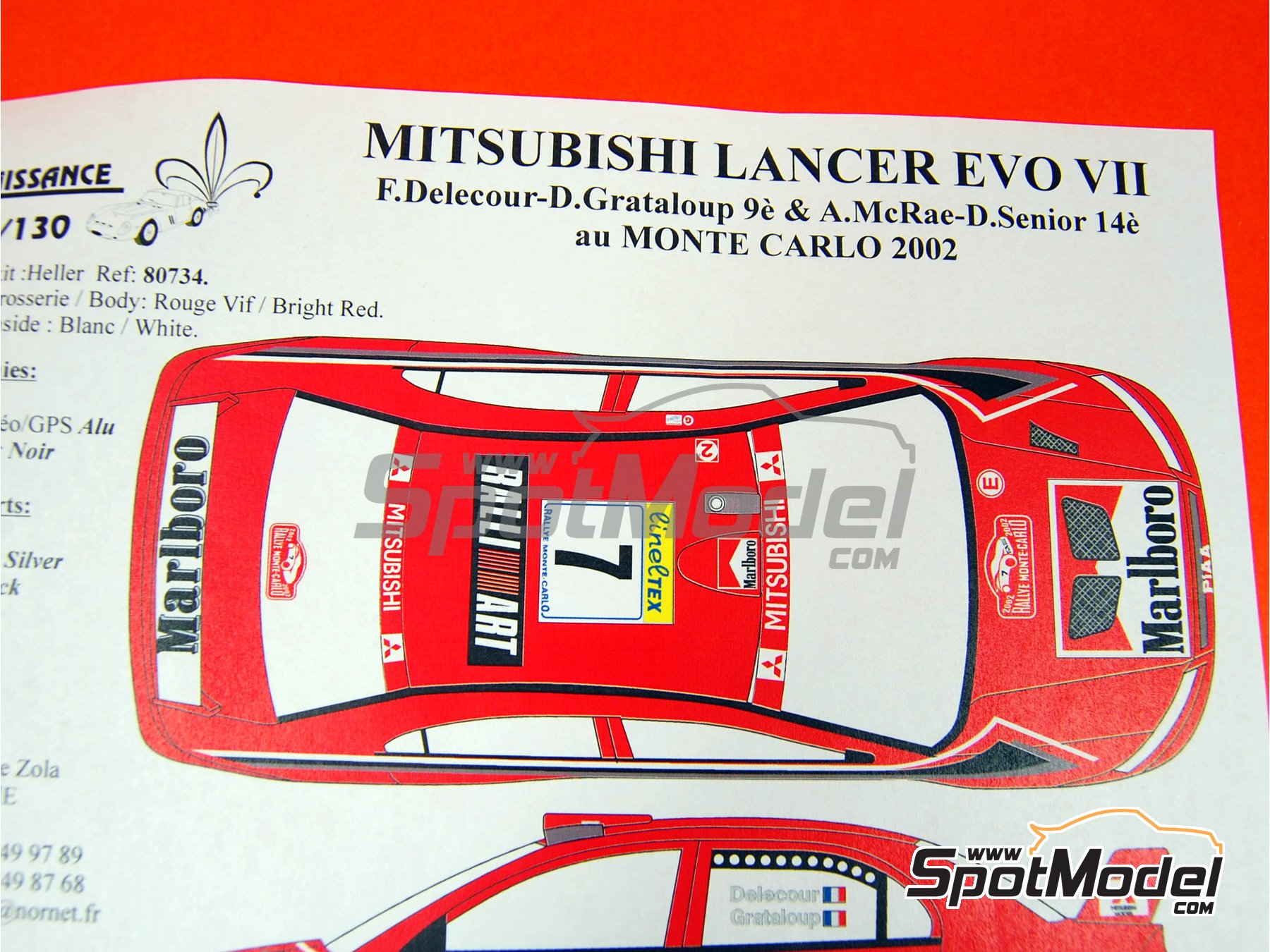 Image 3: Mitsubishi Lancer Evo VII patrocinado por Marlboro Ralli Art - Rally de Monte Carlo - Rallye Automobile de Monte-Carlo 2002 | Decoraci&oacute;n en escala&nbsp;1/24 fabricado por Renaissance Models (ref.&nbsp;TK24-130, tambien TK24/130)