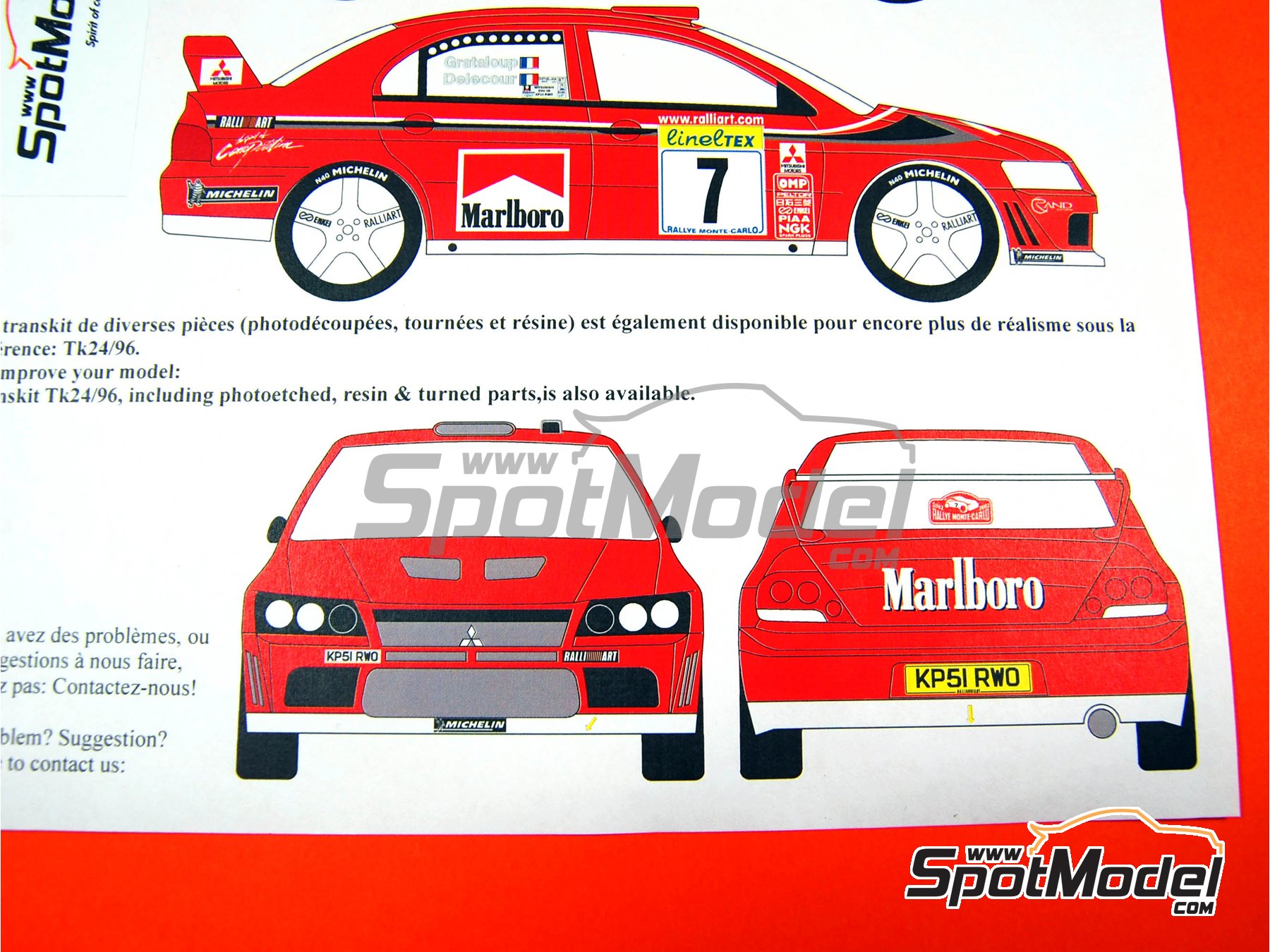 Image 6: Mitsubishi Lancer Evo VII patrocinado por Marlboro Ralli Art - Rally de Monte Carlo - Rallye Automobile de Monte-Carlo 2002 | Decoraci&oacute;n en escala&nbsp;1/24 fabricado por Renaissance Models (ref.&nbsp;TK24-130, tambien TK24/130)