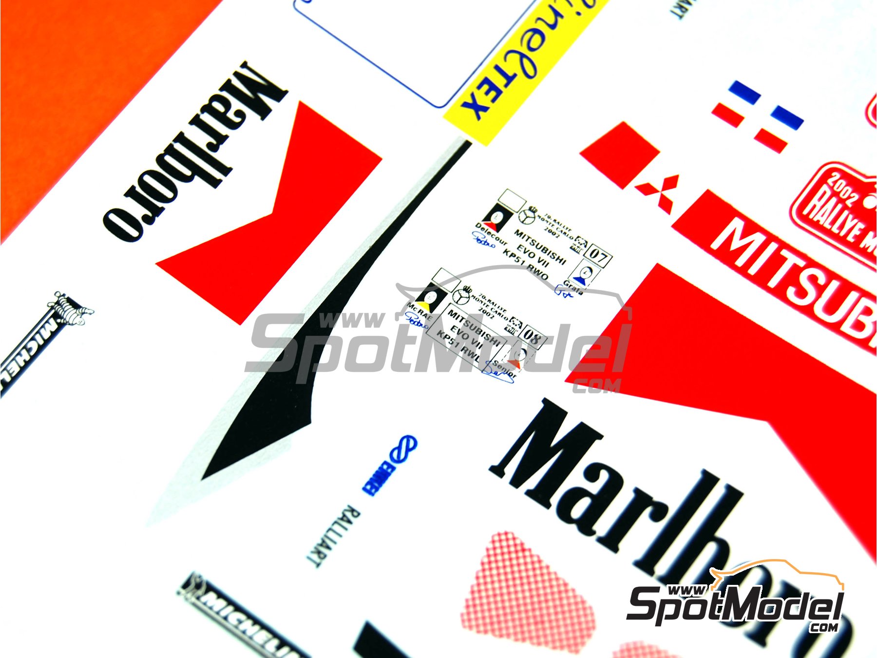 Image 10: Mitsubishi Lancer Evo VII patrocinado por Marlboro Ralli Art - Rally de Monte Carlo - Rallye Automobile de Monte-Carlo 2002 | Decoraci&oacute;n en escala&nbsp;1/24 fabricado por Renaissance Models (ref.&nbsp;TK24-130, tambien TK24/130)