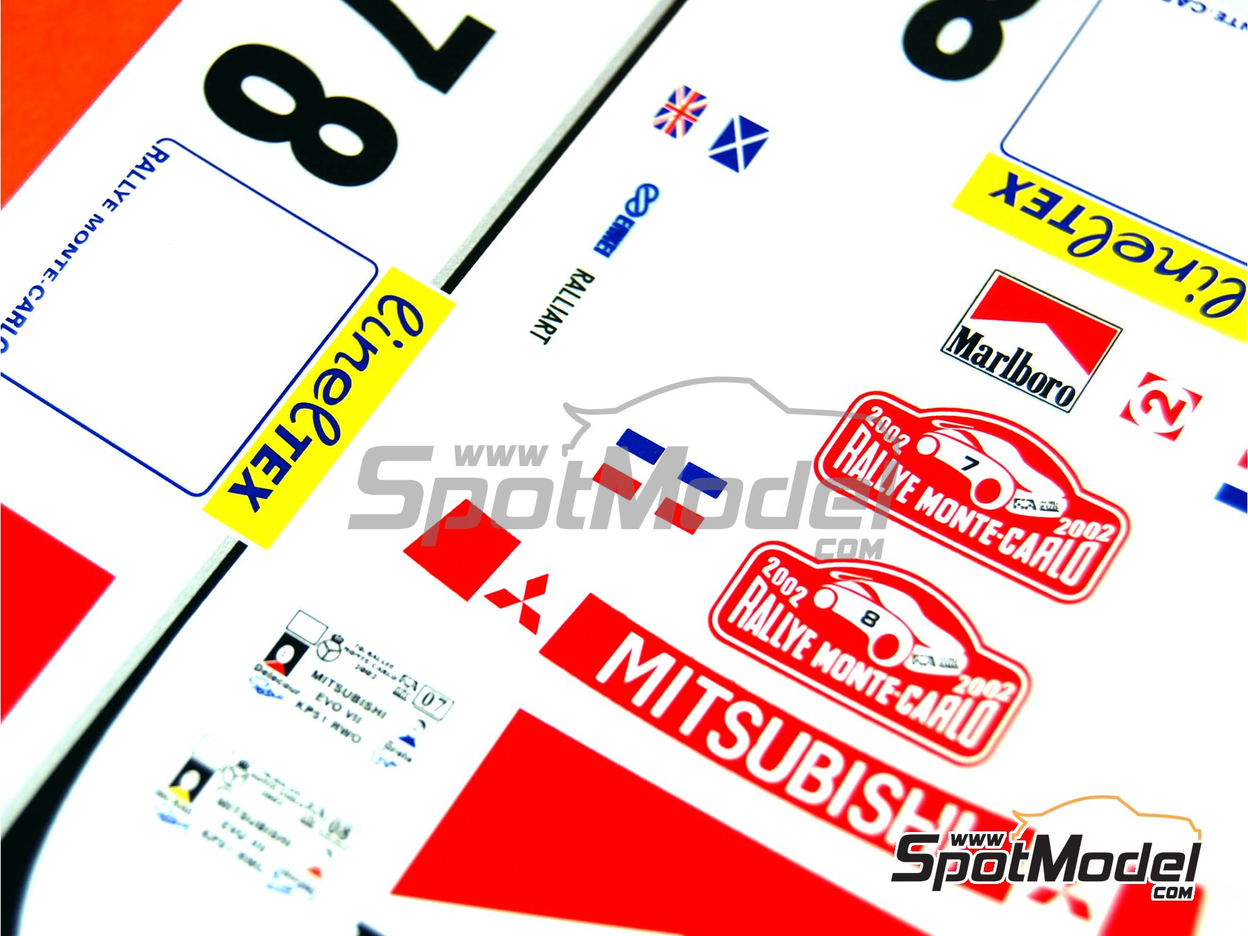 Image 11: Mitsubishi Lancer Evo VII patrocinado por Marlboro Ralli Art - Rally de Monte Carlo - Rallye Automobile de Monte-Carlo 2002 | Decoraci&oacute;n en escala&nbsp;1/24 fabricado por Renaissance Models (ref.&nbsp;TK24-130, tambien TK24/130)