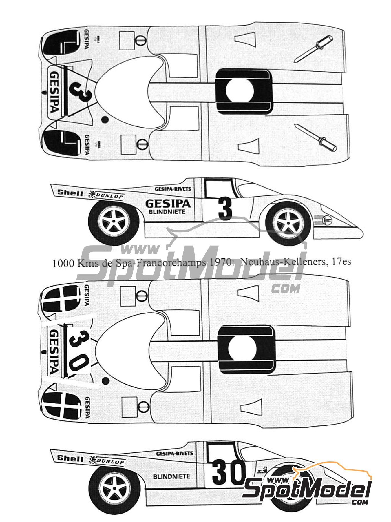 Porsche 917K Equipo Gesipa - 1000 Kms de SPA Francorchamps, 1000 Kms de Paris Autodrome de Linas-Montlhéry 1970 | Decoración en escala 1/24 fabricado por Renaissance Models (ref. TK24-191, tambien TK24/191) image