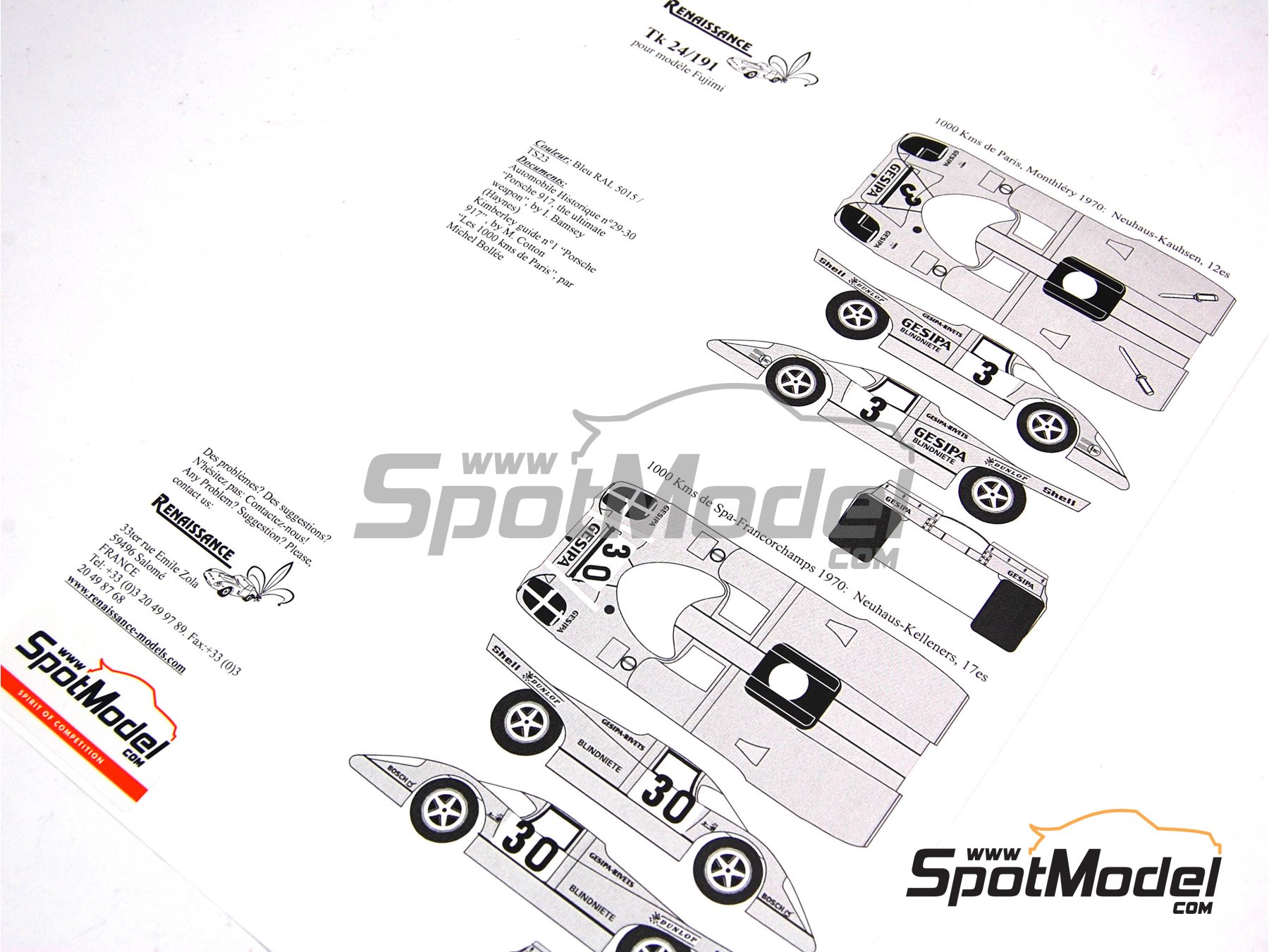 Image 1: Porsche 917K Equipo Gesipa - 1000 Kms de SPA Francorchamps, 1000 Kms de Paris Autodrome de Linas-Montlhéry 1970 | Decoración en escala 1/24 fabricado por Renaissance Models (ref. TK24-191, tambien TK24/191)