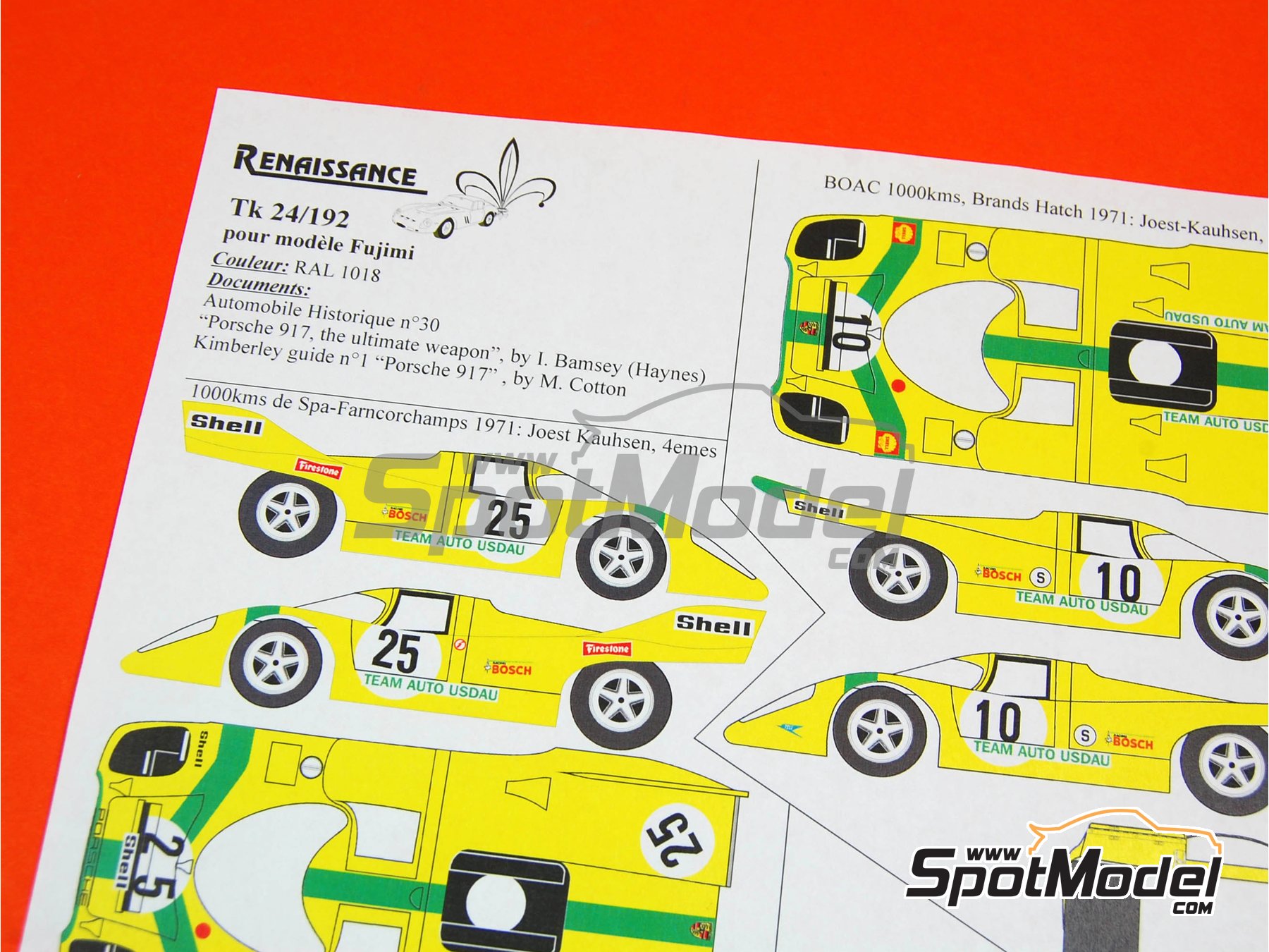 Image 5: Porsche 917K Usdau Brands Team - N&uuml;rburgring 1000 Kilometres 1971 | Marking / livery in 1/24 scale manufactured by Renaissance Models (ref.&nbsp;TK24-192, also TK24/192)
