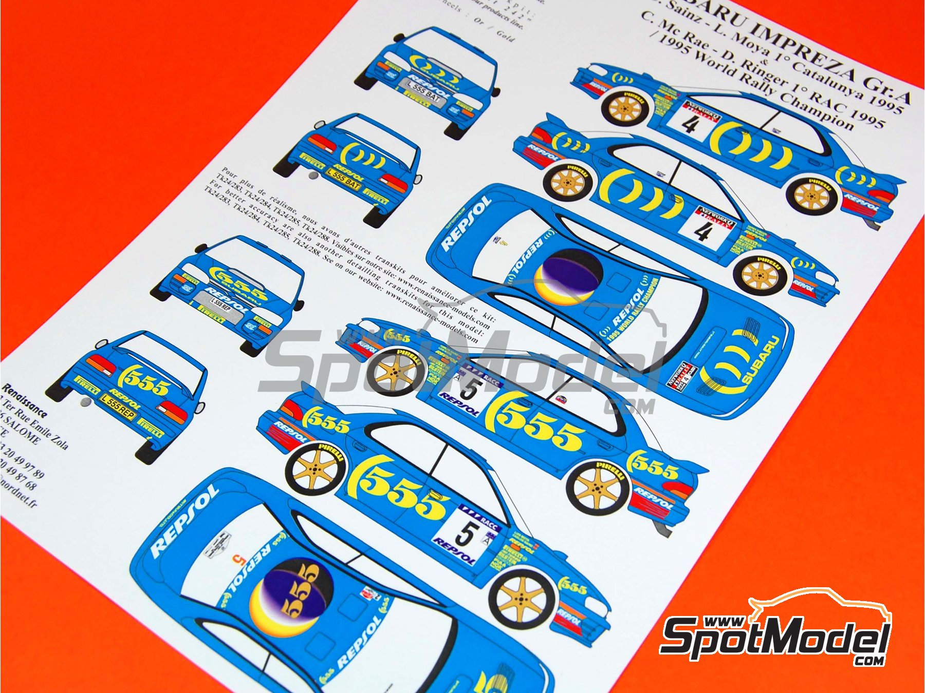Image 1: Subaru Impreza WRX 555 Group A sponsored by Repsol - Catalunya Costa Brava Rally - Rally of Spain, Network Q RAC Rally of Great Britain 1995 | Marking / livery in 1/24 scale manufactured by Renaissance Models (ref.&nbsp;TK24-289, also TK24/289)